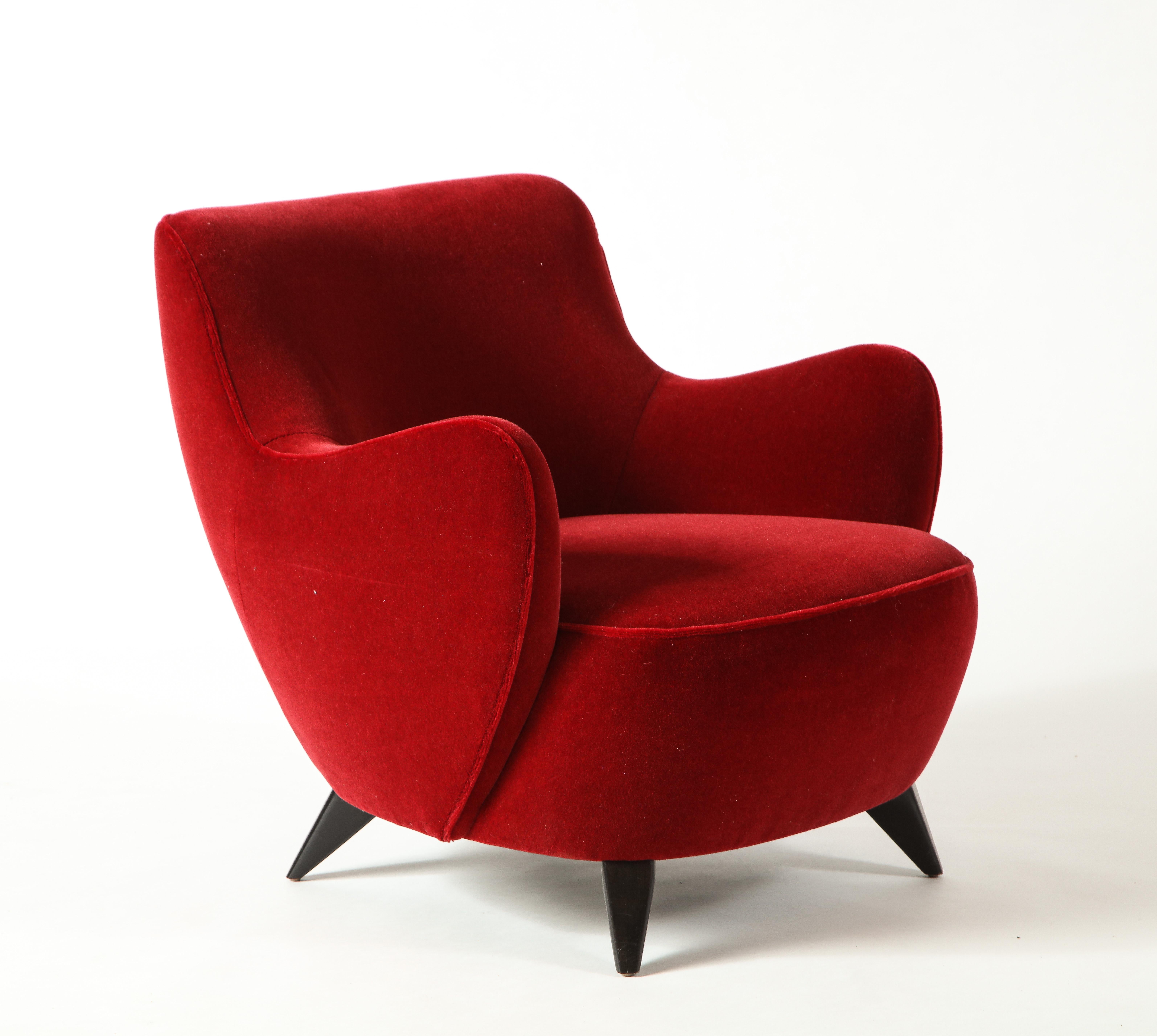 Vladimir Kagan Barrel Chair in Red Mohair Upholstery with Ebony Base 2