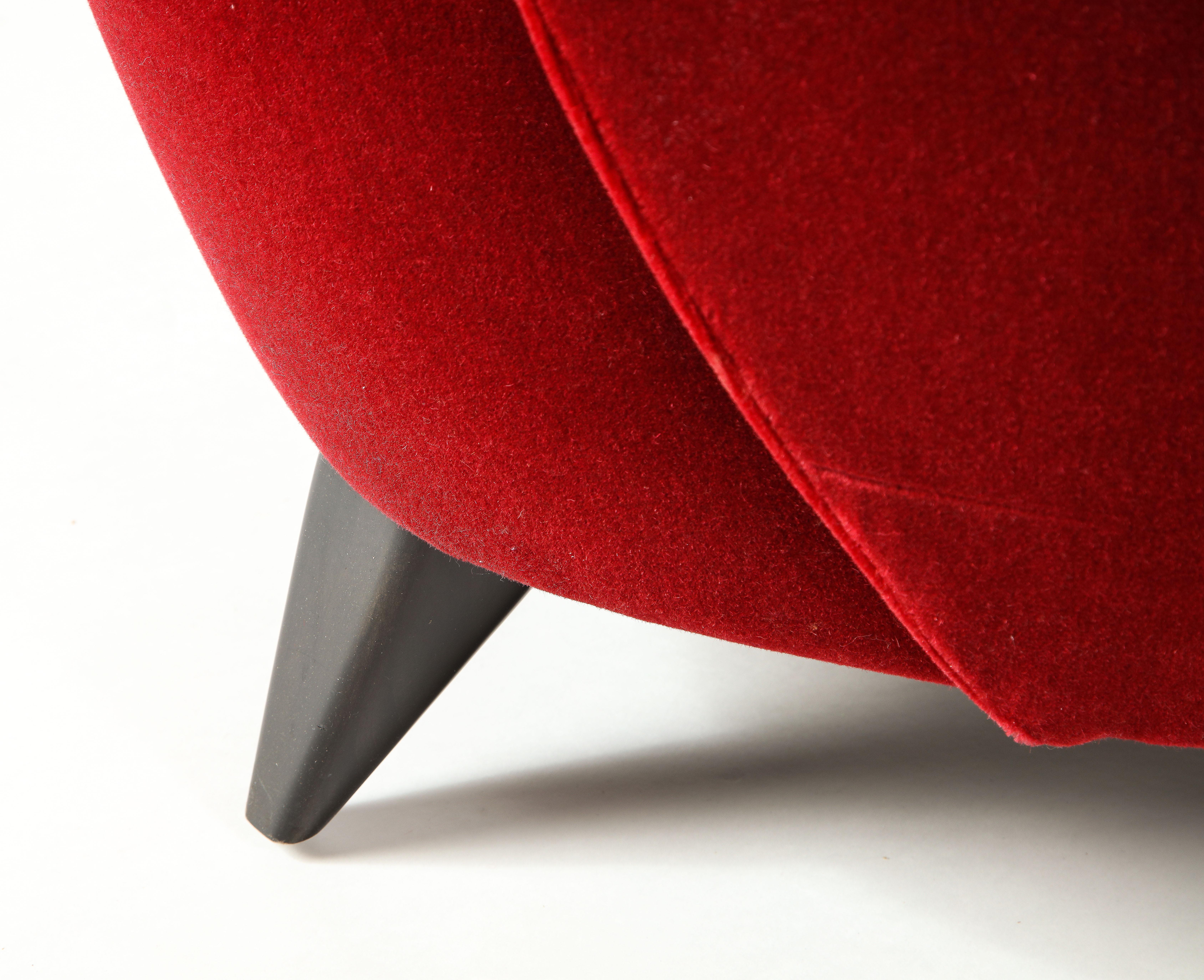 Vladimir Kagan Barrel Chair in Red Mohair Upholstery with Ebony Base 4