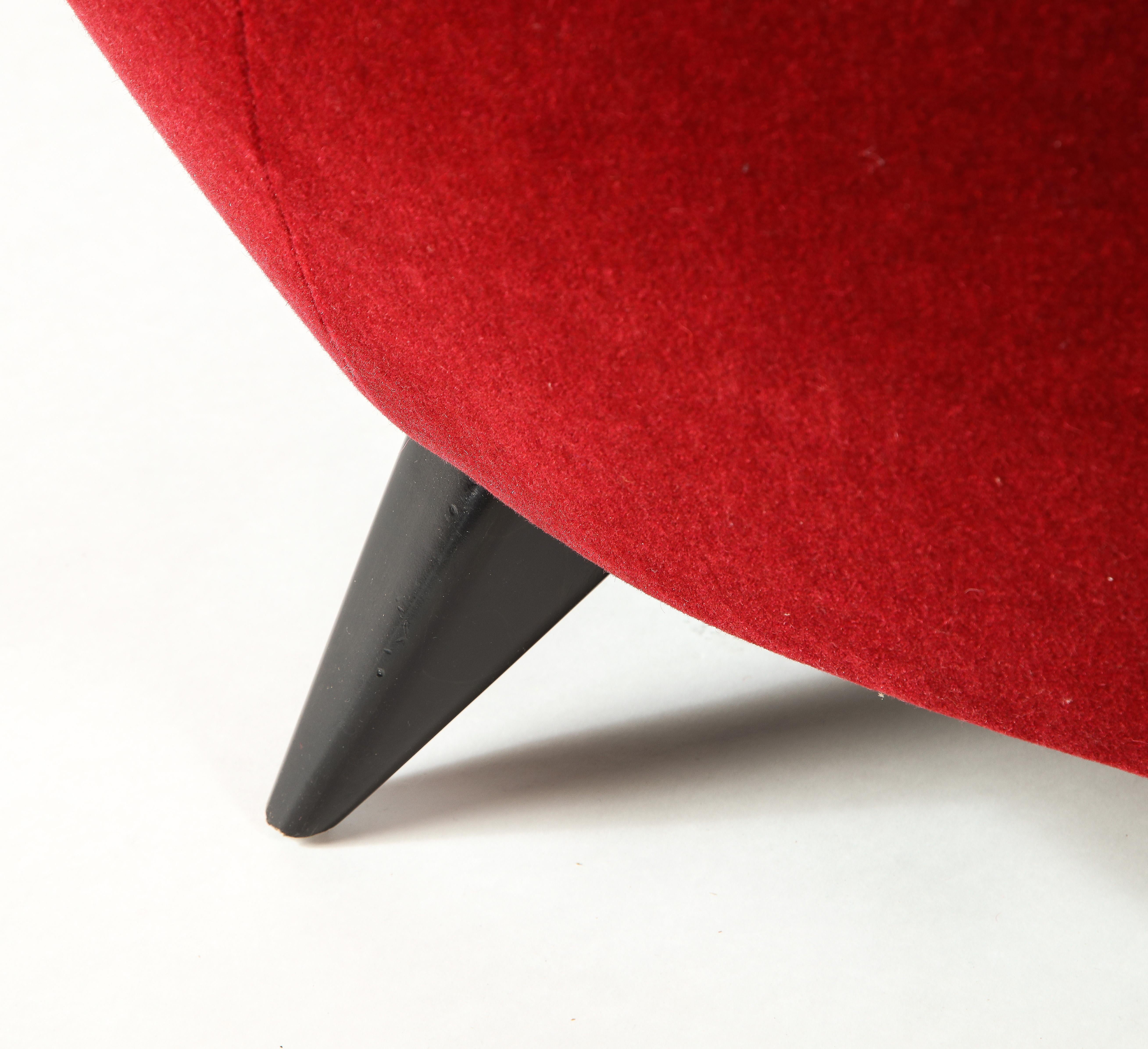Vladimir Kagan Barrel Chair in Red Mohair Upholstery with Ebony Base 5