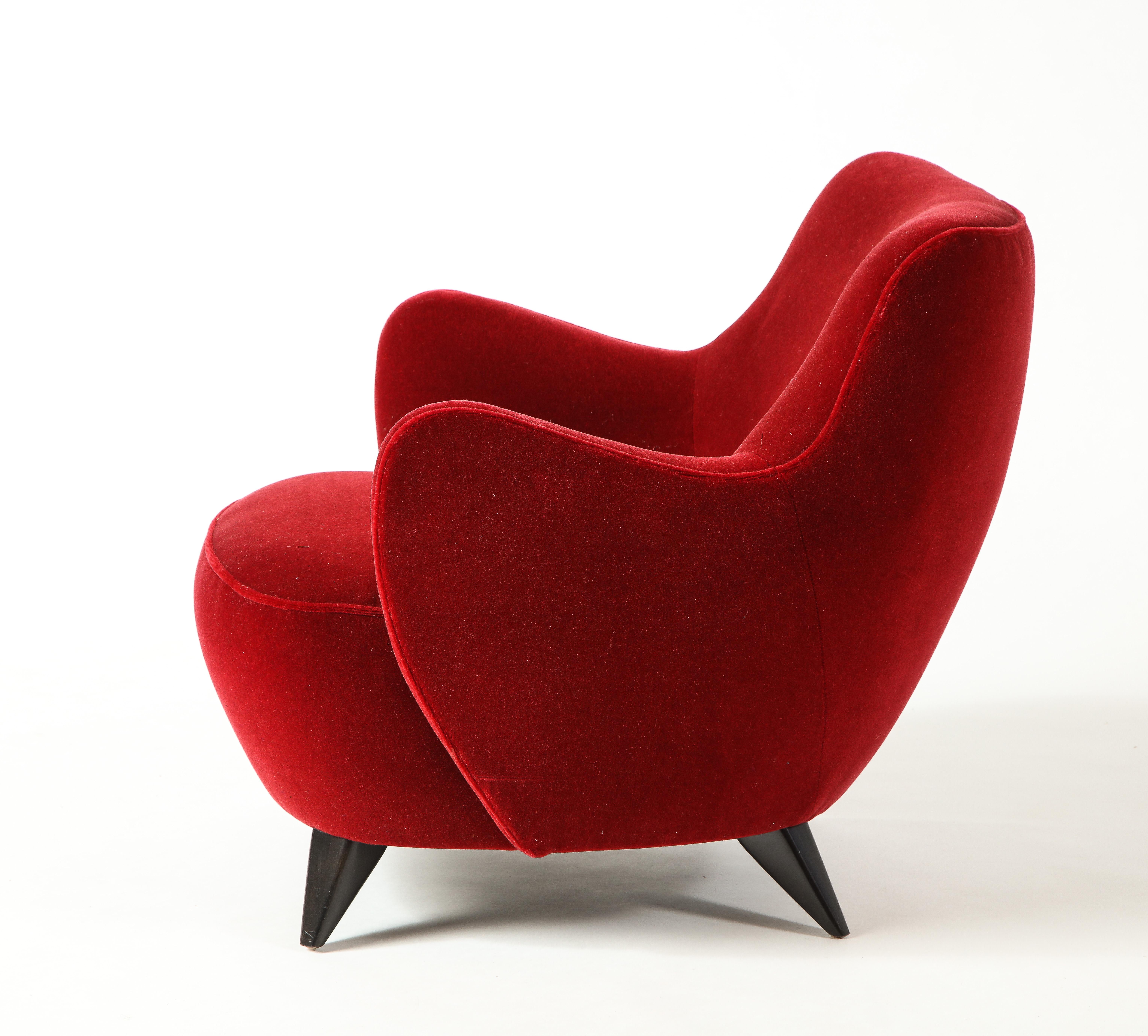 Modern Vladimir Kagan Barrel Chair in Red Mohair Upholstery with Ebony Base