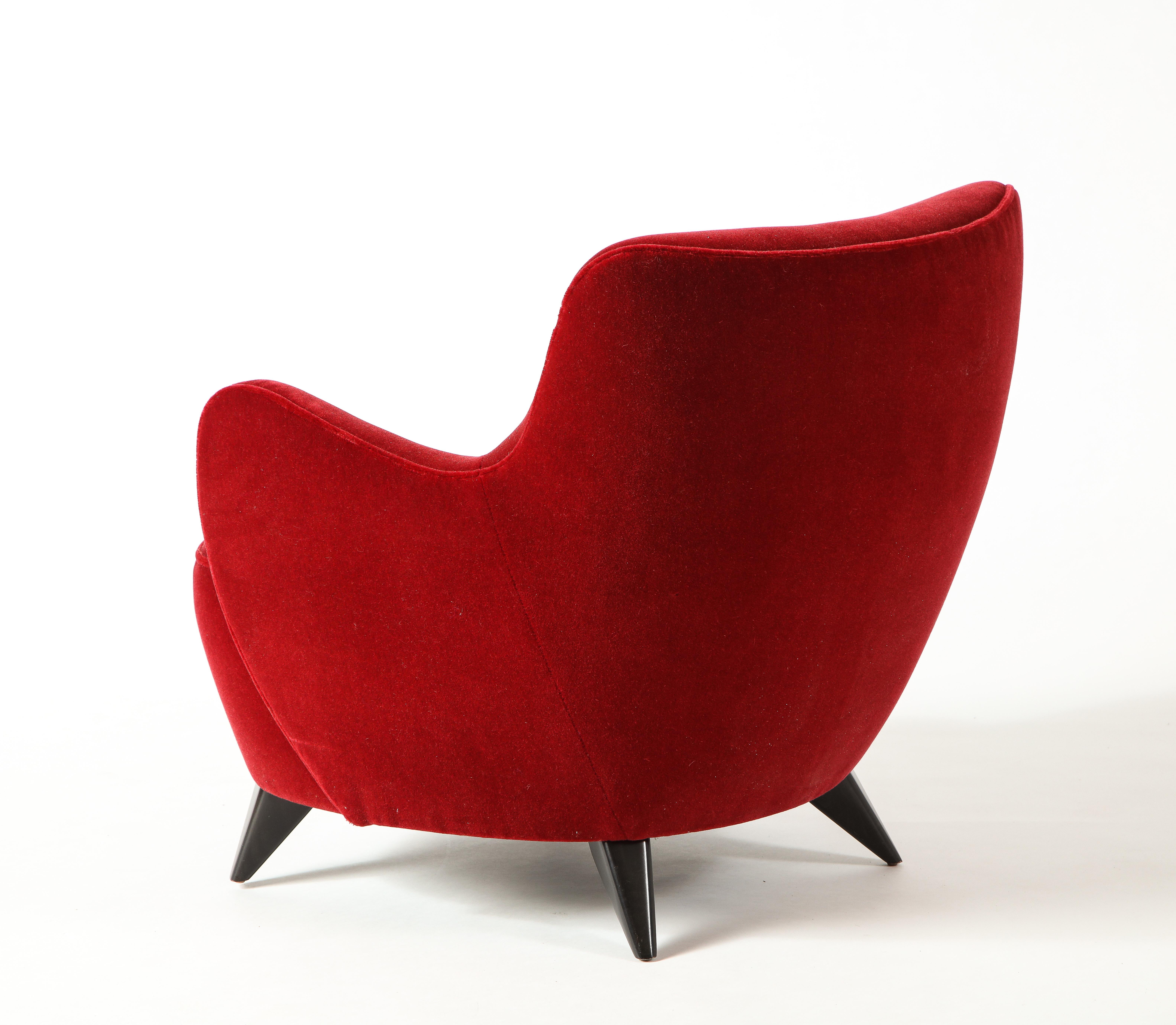 American Vladimir Kagan Barrel Chair in Red Mohair Upholstery with Ebony Base