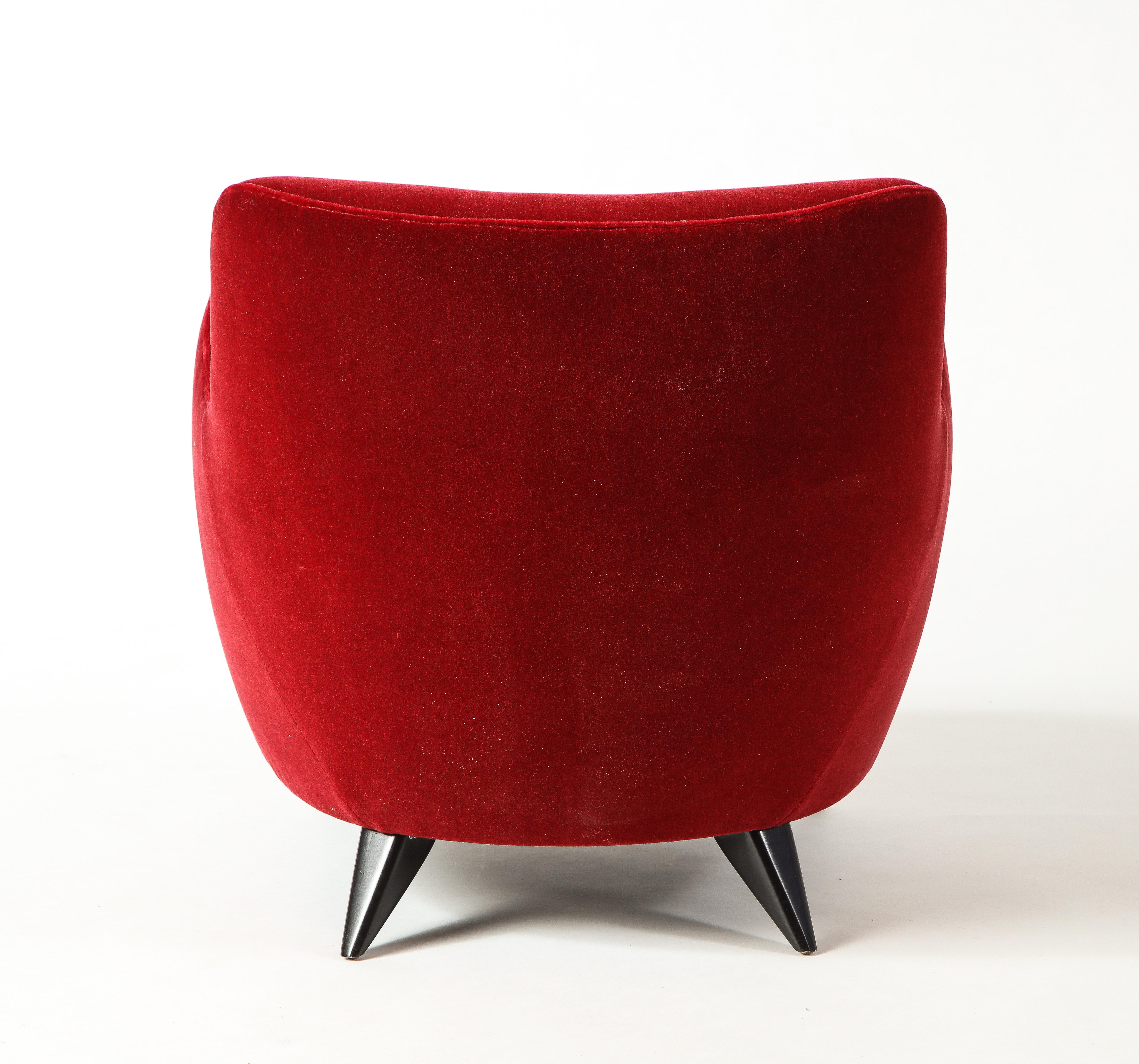 Vladimir Kagan Barrel Chair in Red Mohair Upholstery with Ebony Base In Good Condition In Clifton, NJ