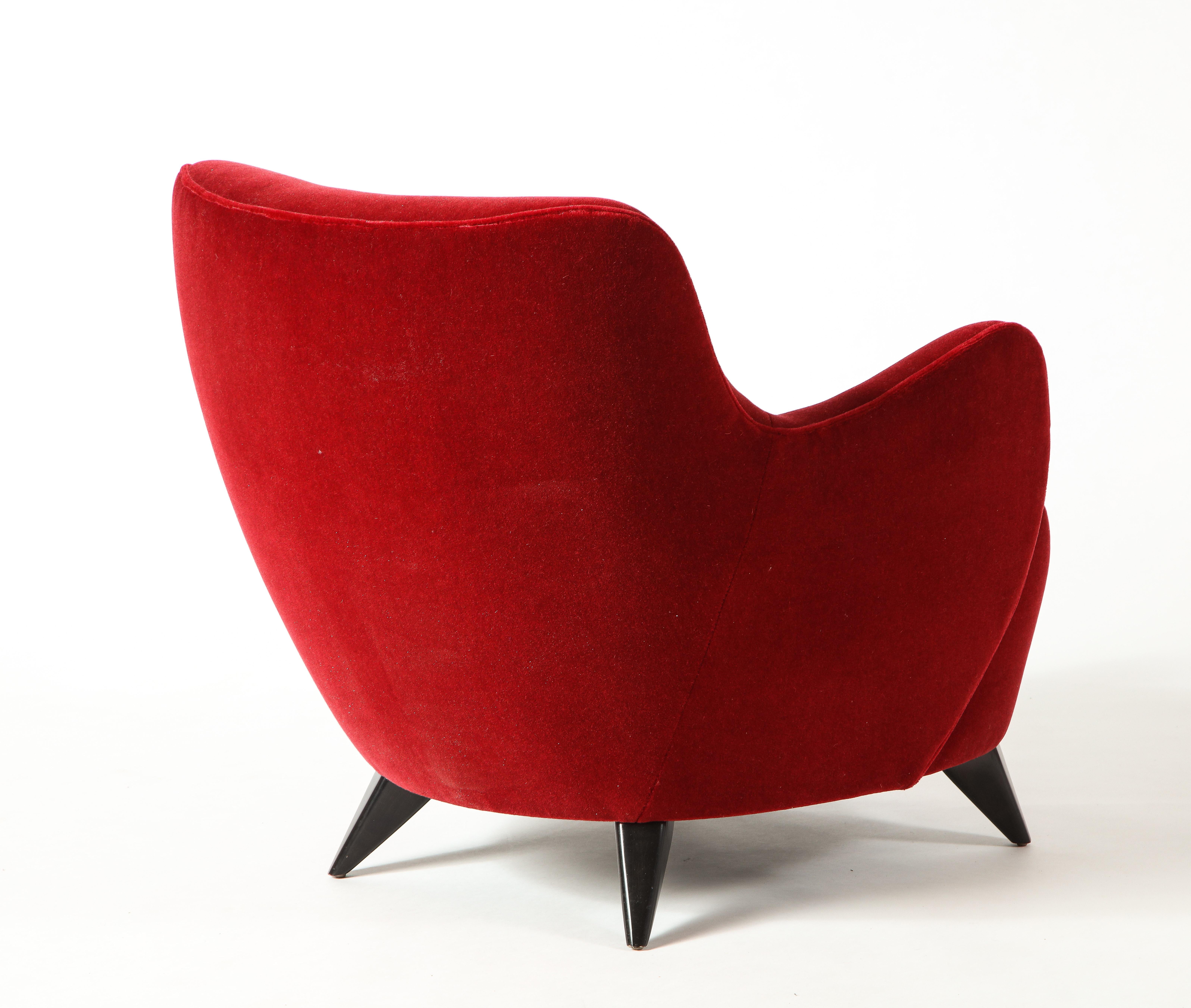 Contemporary Vladimir Kagan Barrel Chair in Red Mohair Upholstery with Ebony Base