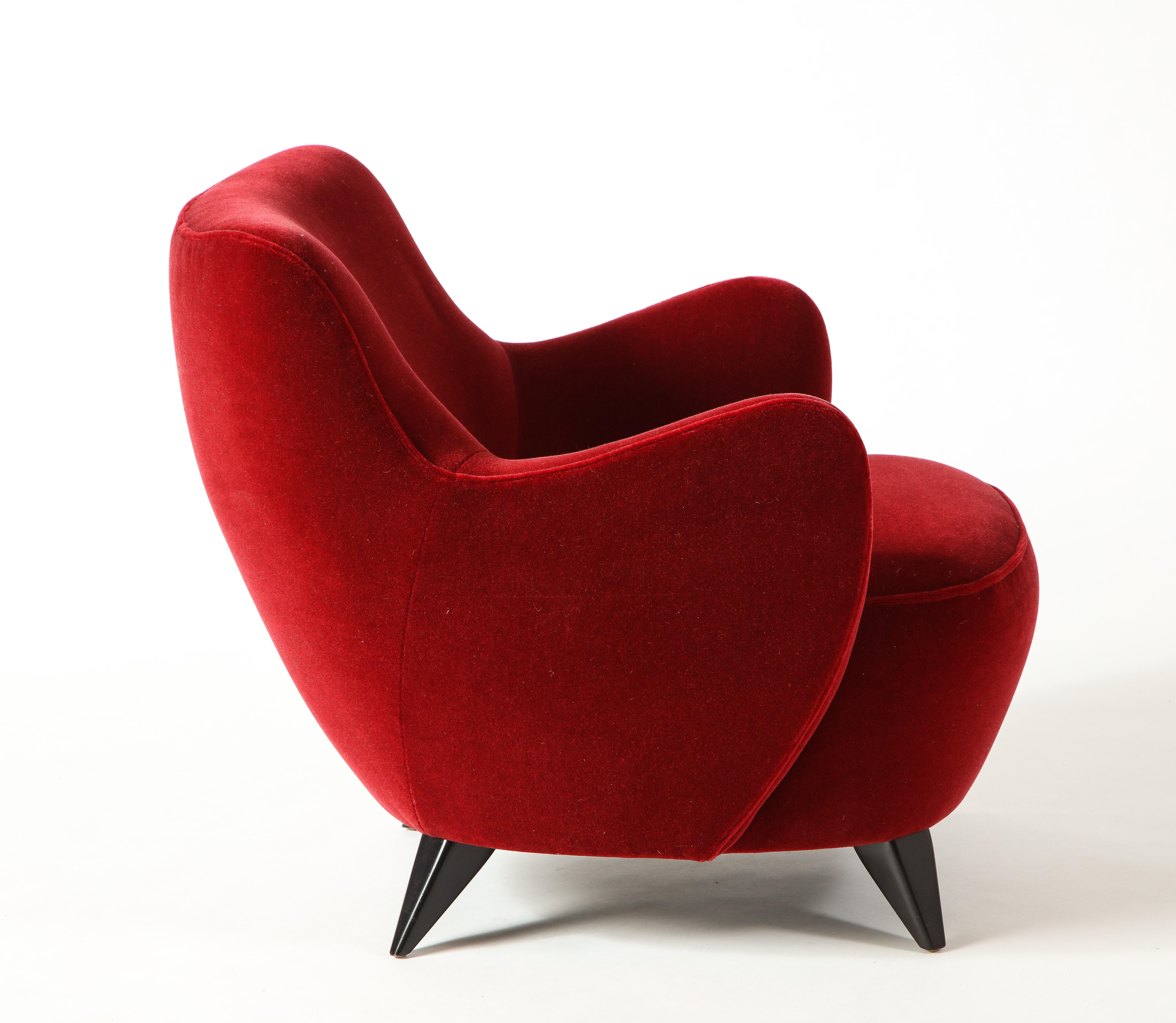 Wood Vladimir Kagan Barrel Chair in Red Mohair Upholstery with Ebony Base