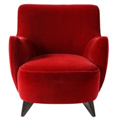 Vladimir Kagan Barrel Chair in Red Mohair Upholstery with Ebony Base