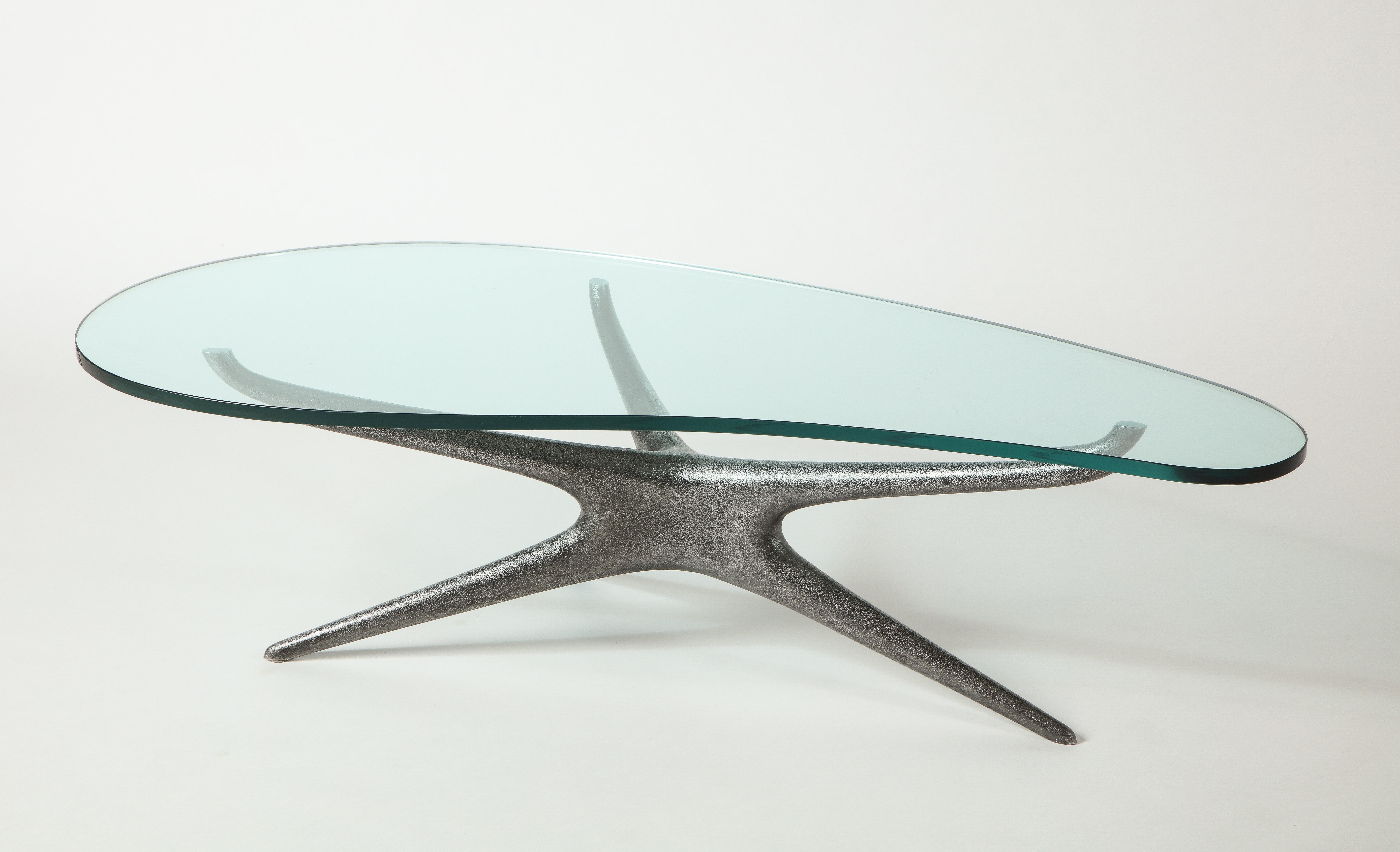 Modern Vladimir Kagan Cast Aluminum 412 Sculpted Coffee Table with Clear Glass Top