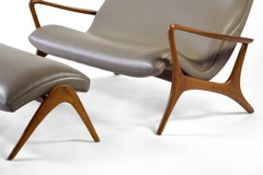 Vladimir Kagan Contour Loveseat and Footstool in Tan Leather with Natural Walnut