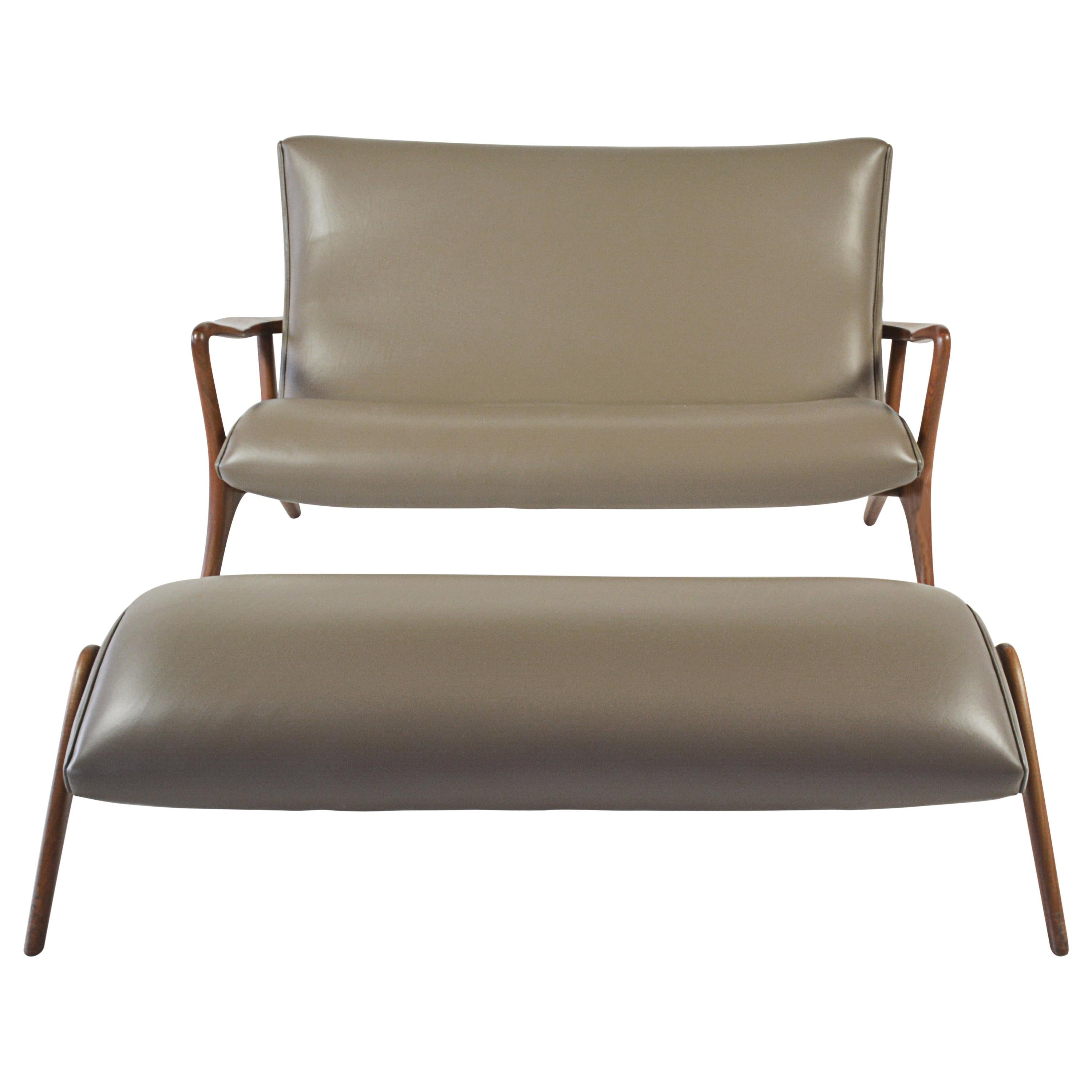 Vladimir Kagan Contour Loveseat and Footstool in Tan Leather with Natural Walnut
