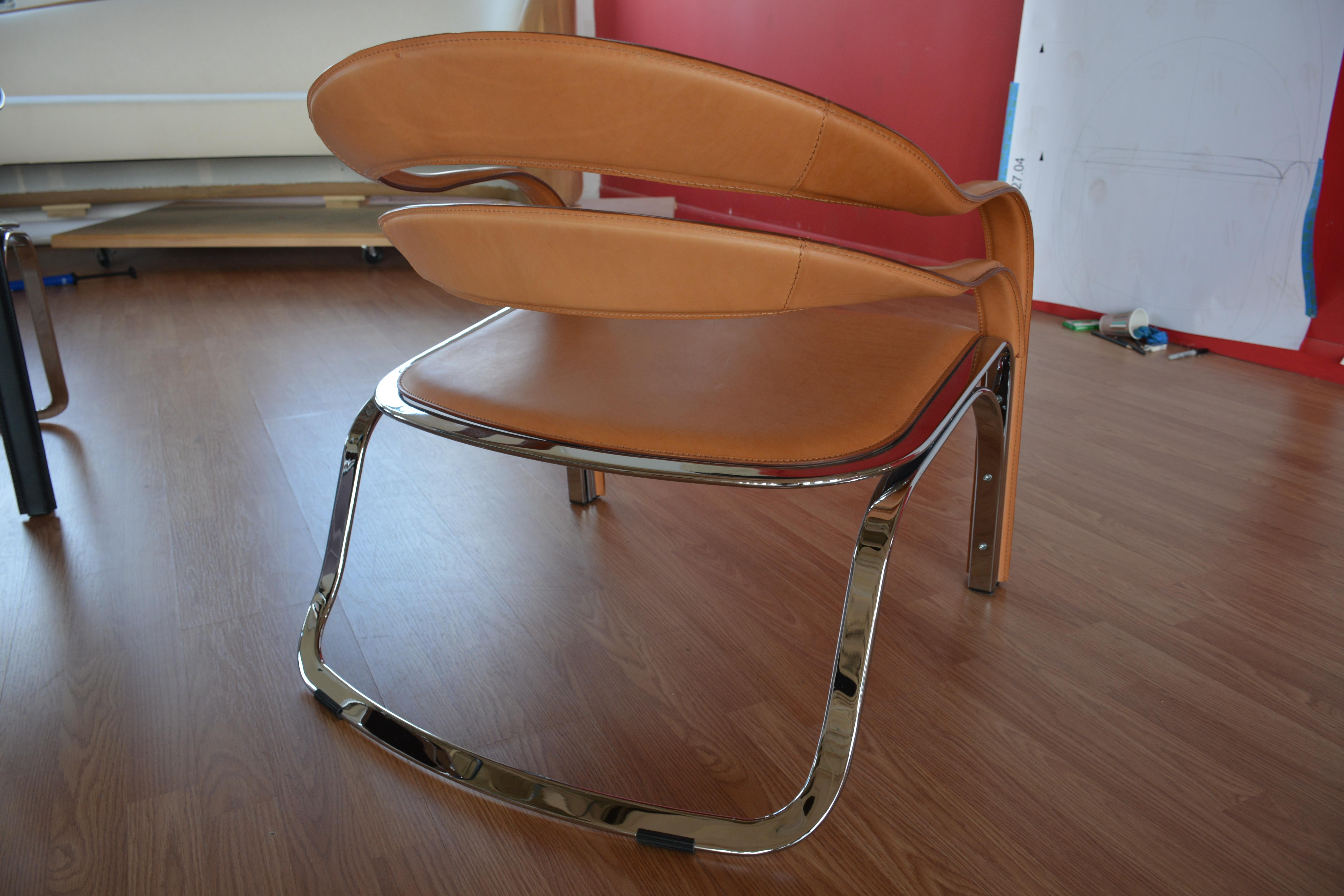 Vladimir Kagan Fettucini Chair in Sienna Leather with Polished Chrome Frame 5