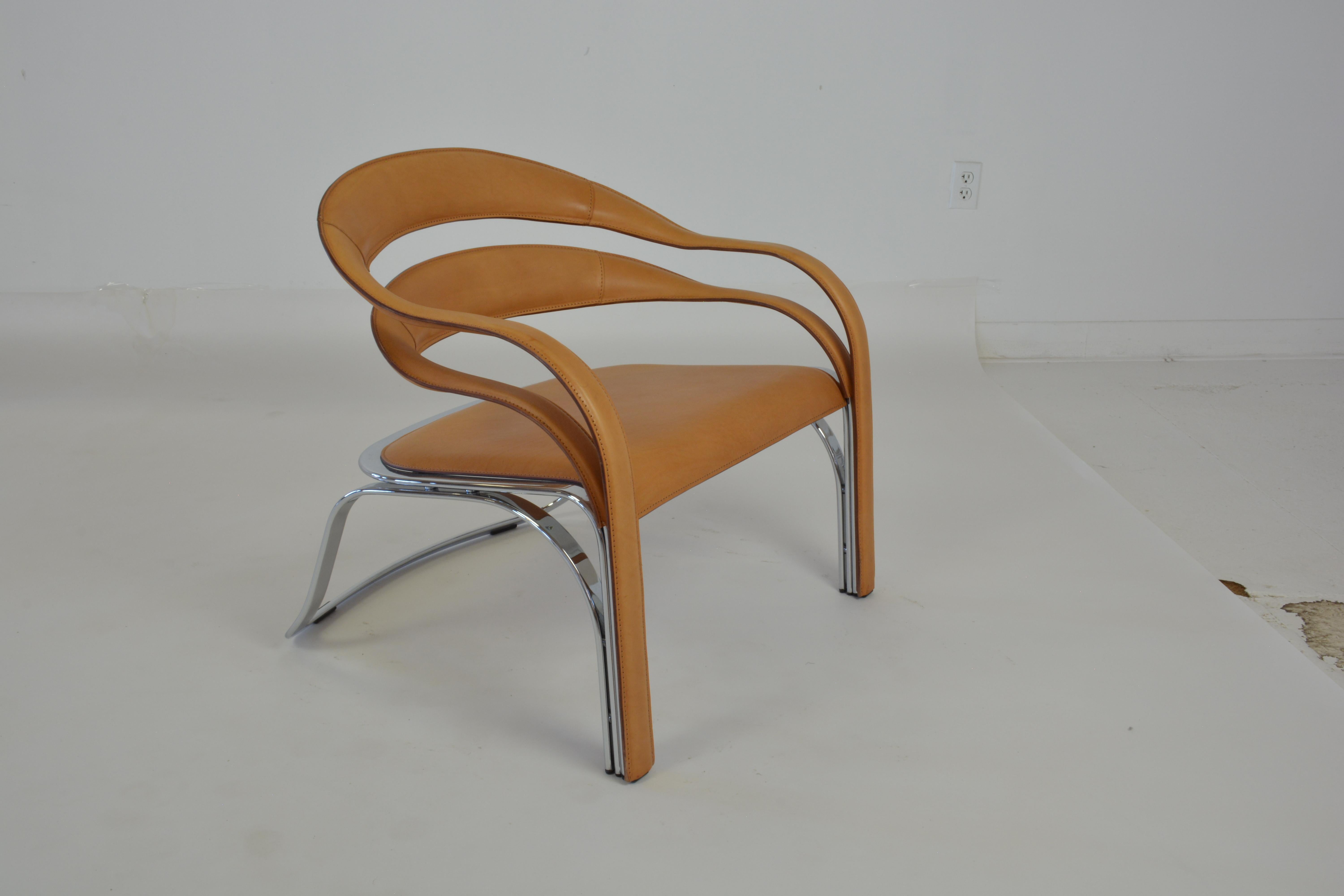 Modern Vladimir Kagan Fettucini Chair in Sienna Leather with Polished Chrome Frame