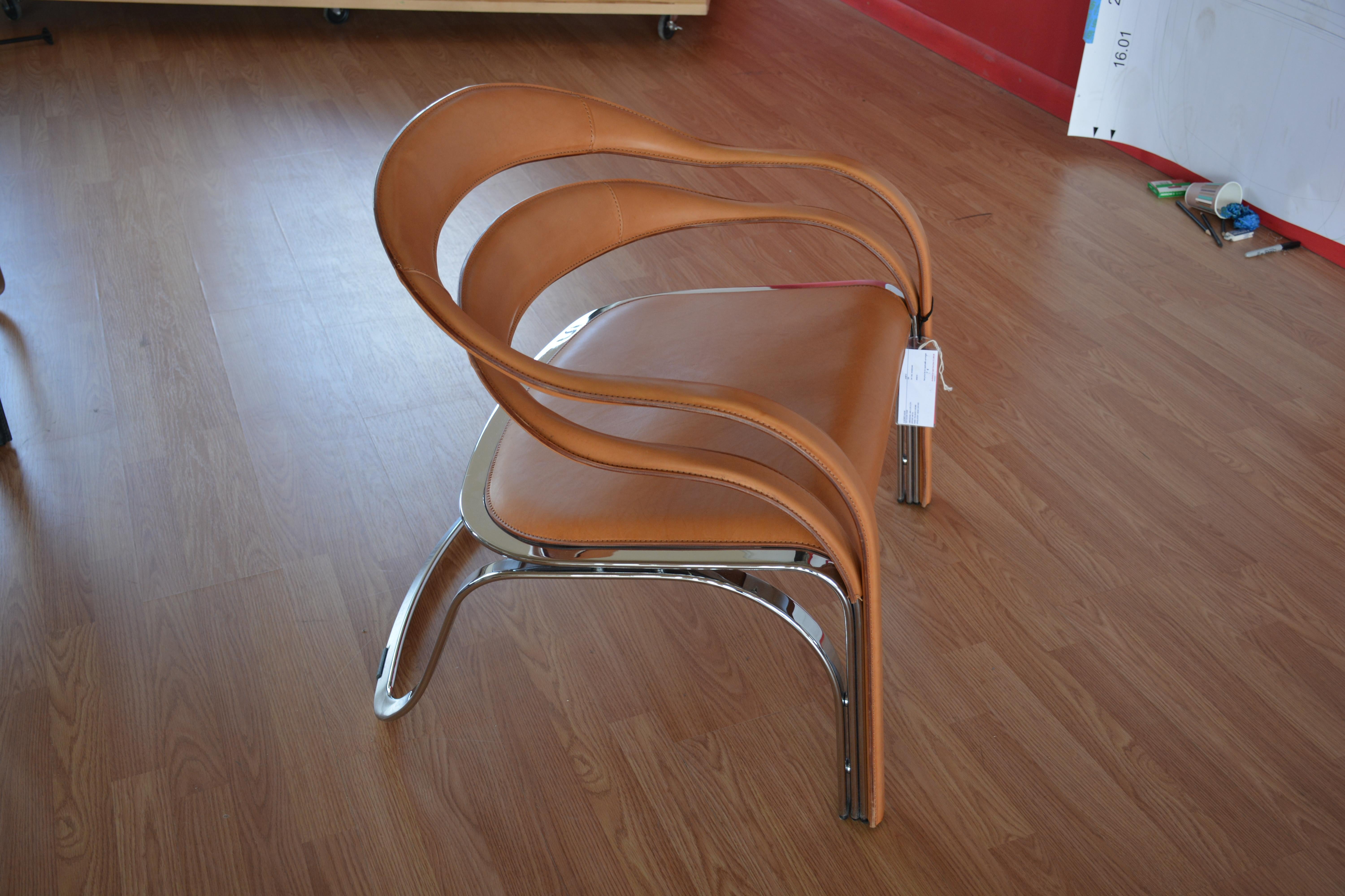 Contemporary Vladimir Kagan Fettucini Chair in Sienna Leather with Polished Chrome Frame
