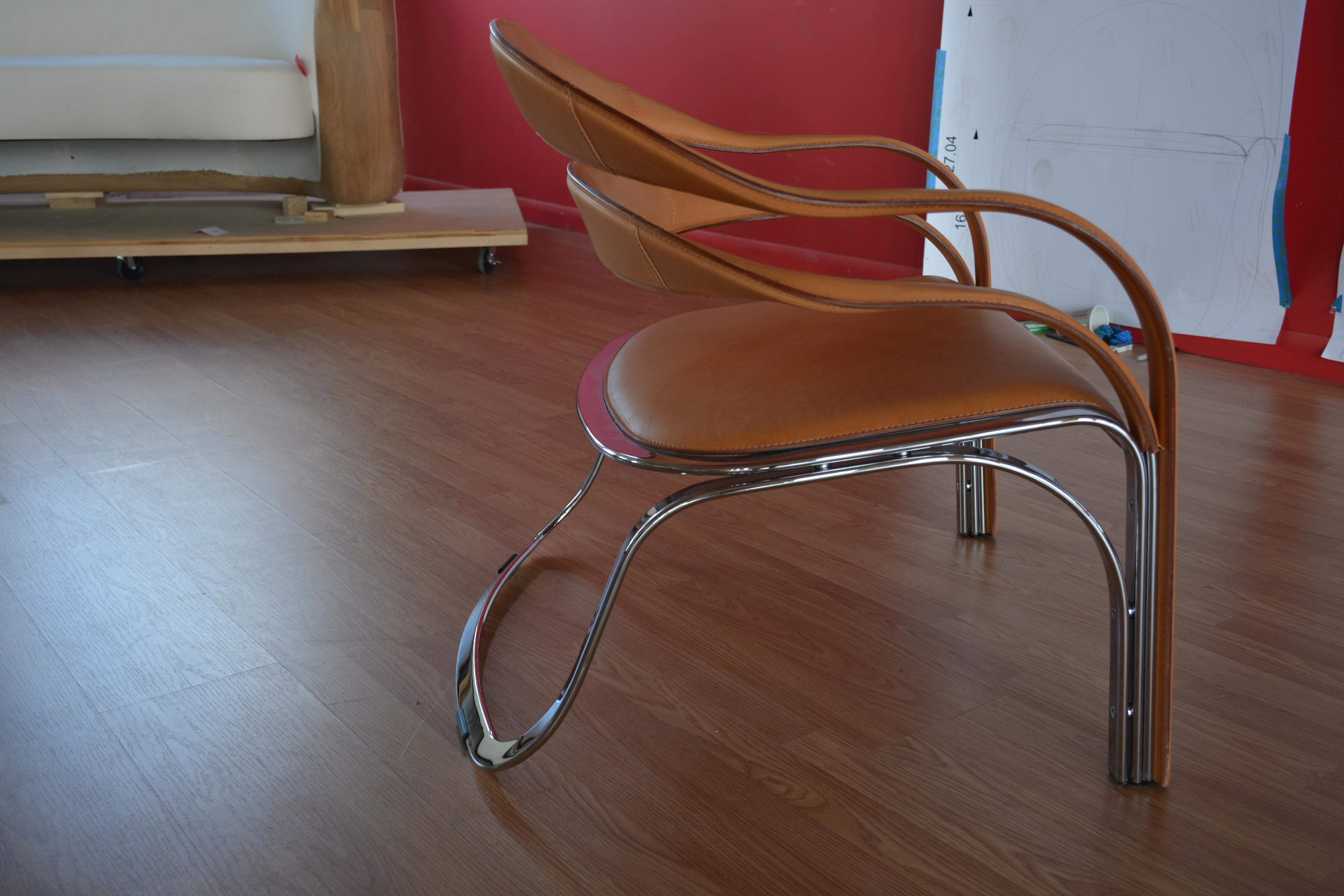 Vladimir Kagan Fettucini Chair in Sienna Leather with Polished Chrome Frame 2