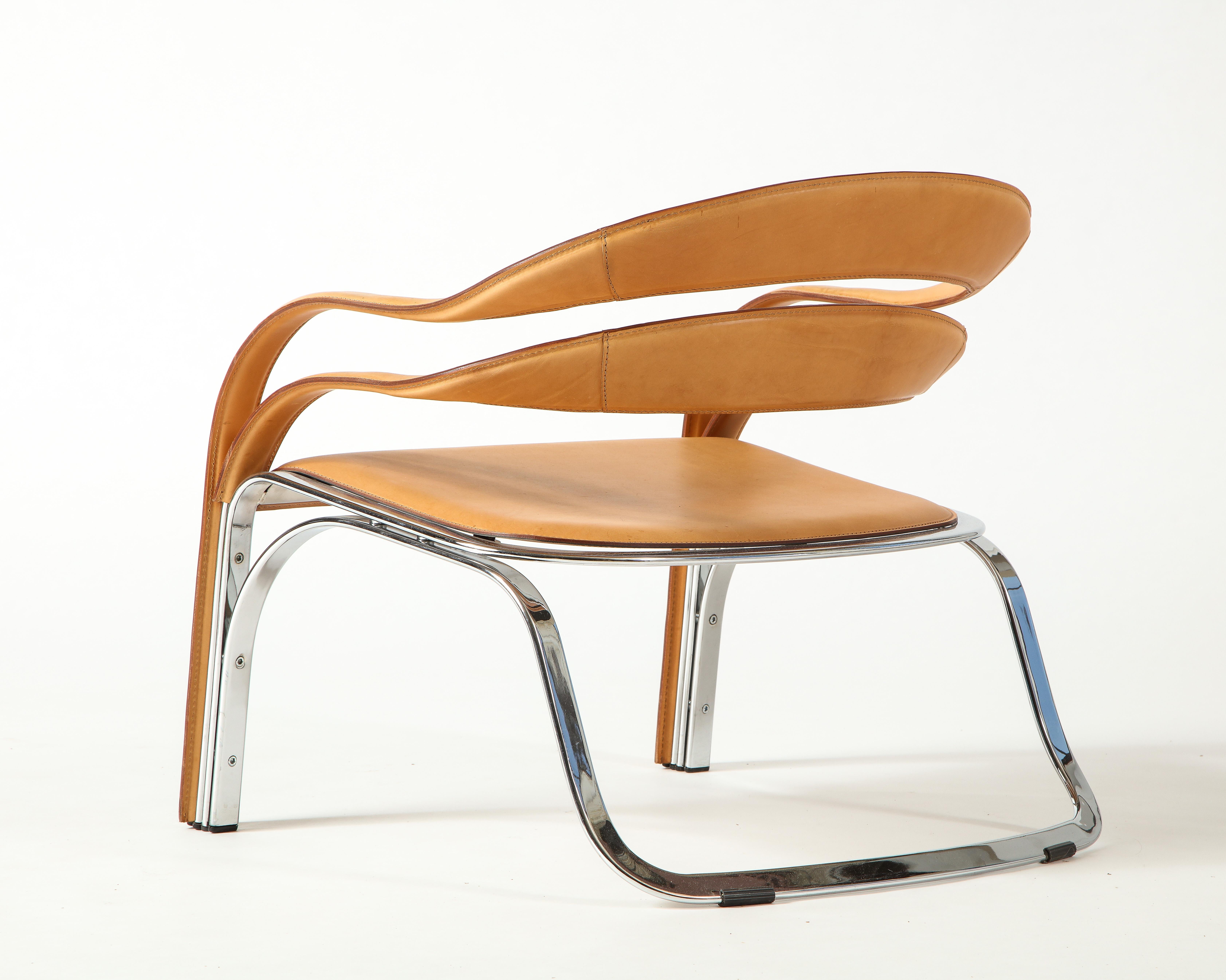 Contemporary Vladimir Kagan Fettucini Lounge Chair in Sienna Leather with Metal Base