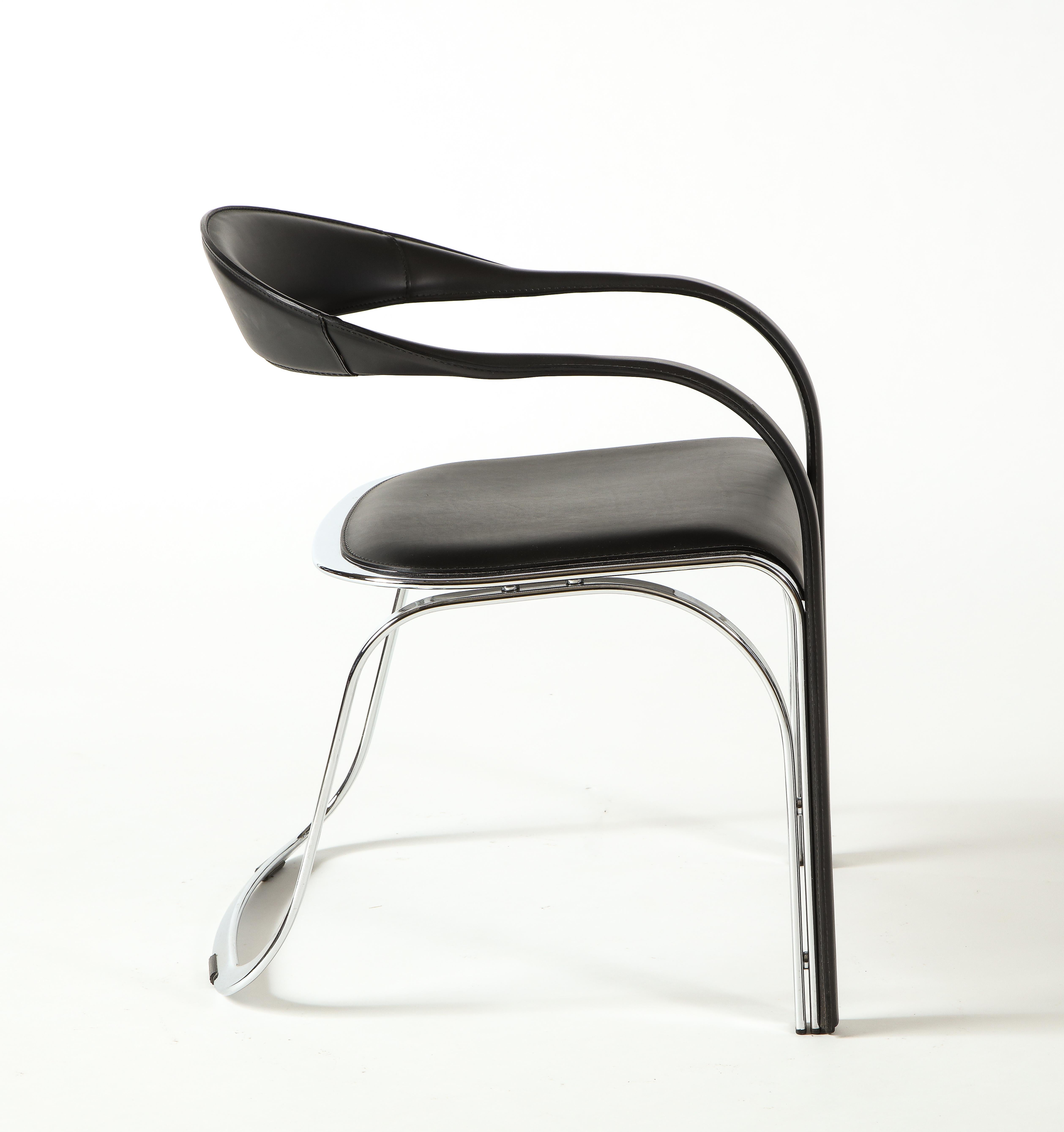 Vladimir Kagan Fettucini Single Back Chair in Black Leather with Metal Base 4