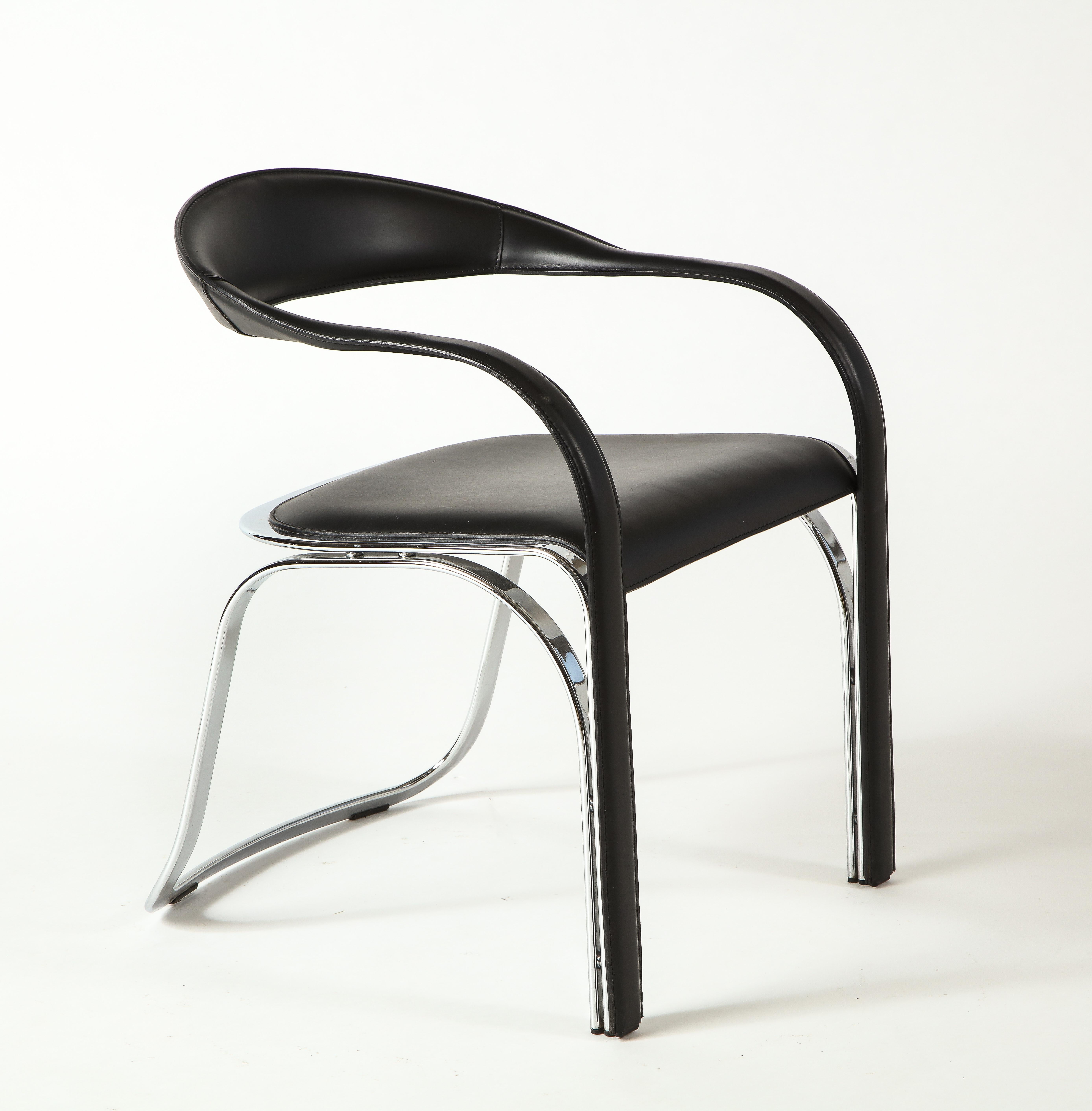 Vladimir Kagan Fettucini Single Back Chair in Black Leather with Metal Base 5