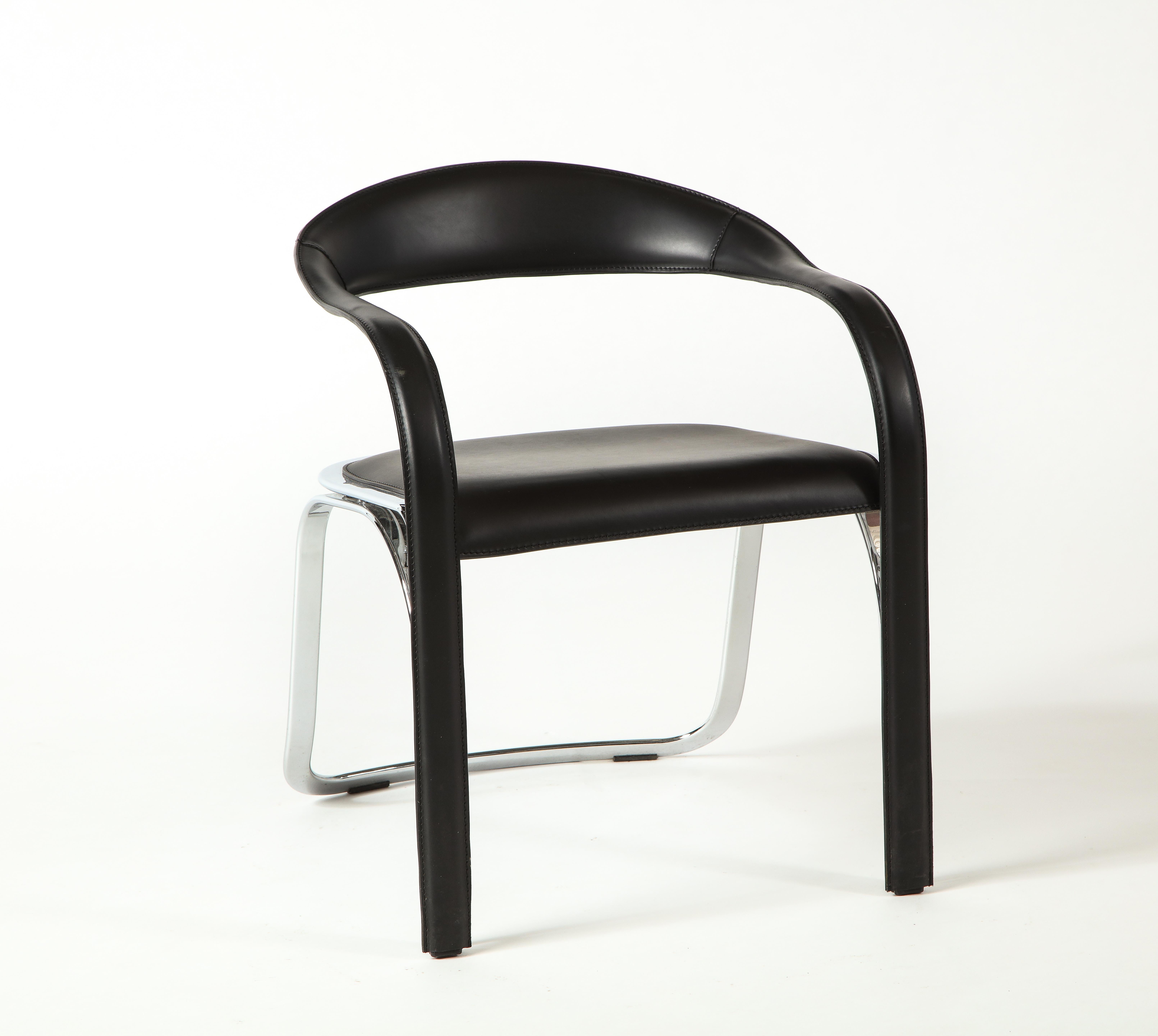 Vladimir Kagan Fettucini Single Back Chair in Black Leather with Metal Base 6