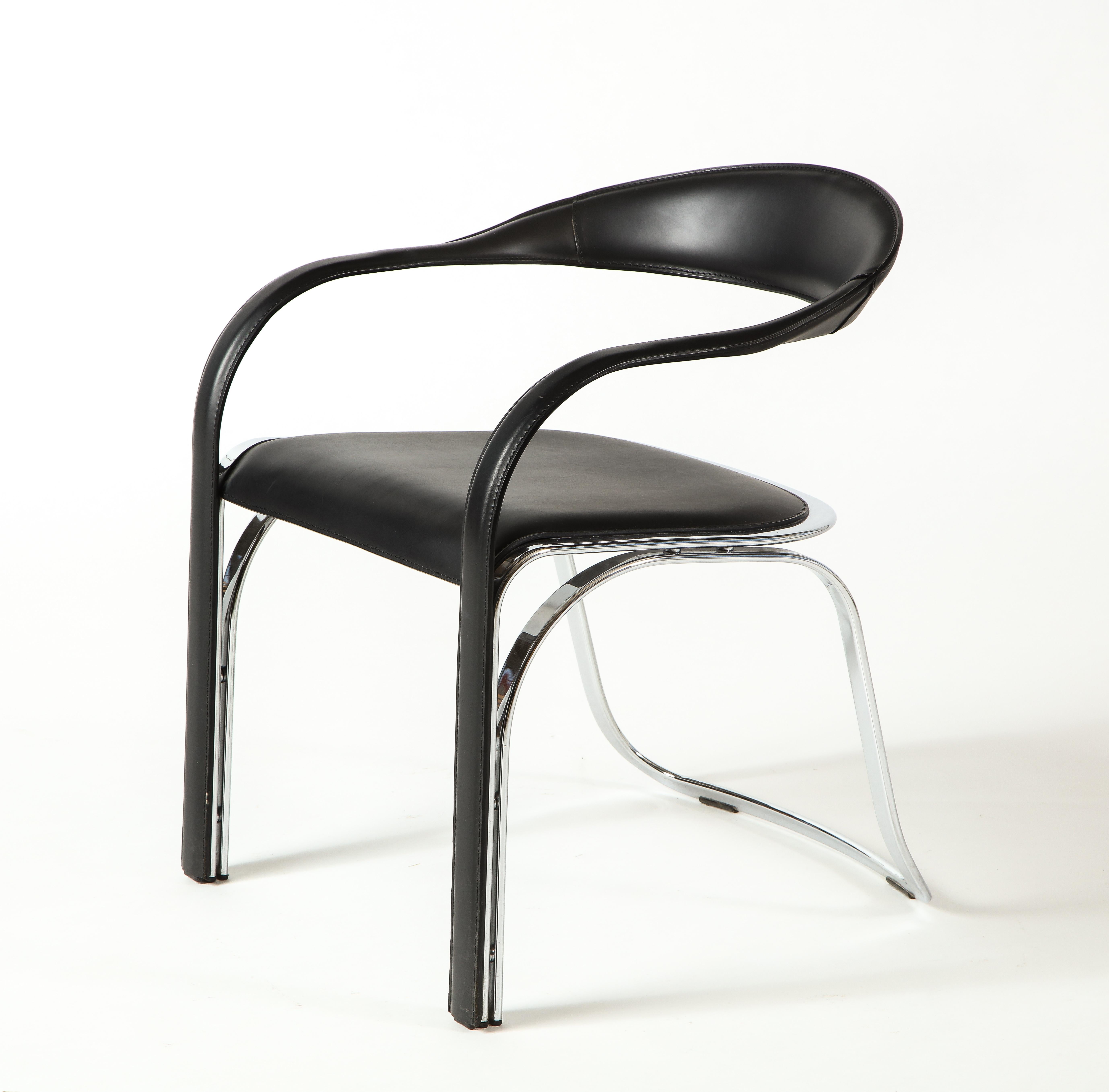 Modern Vladimir Kagan Fettucini Single Back Chair in Black Leather with Metal Base