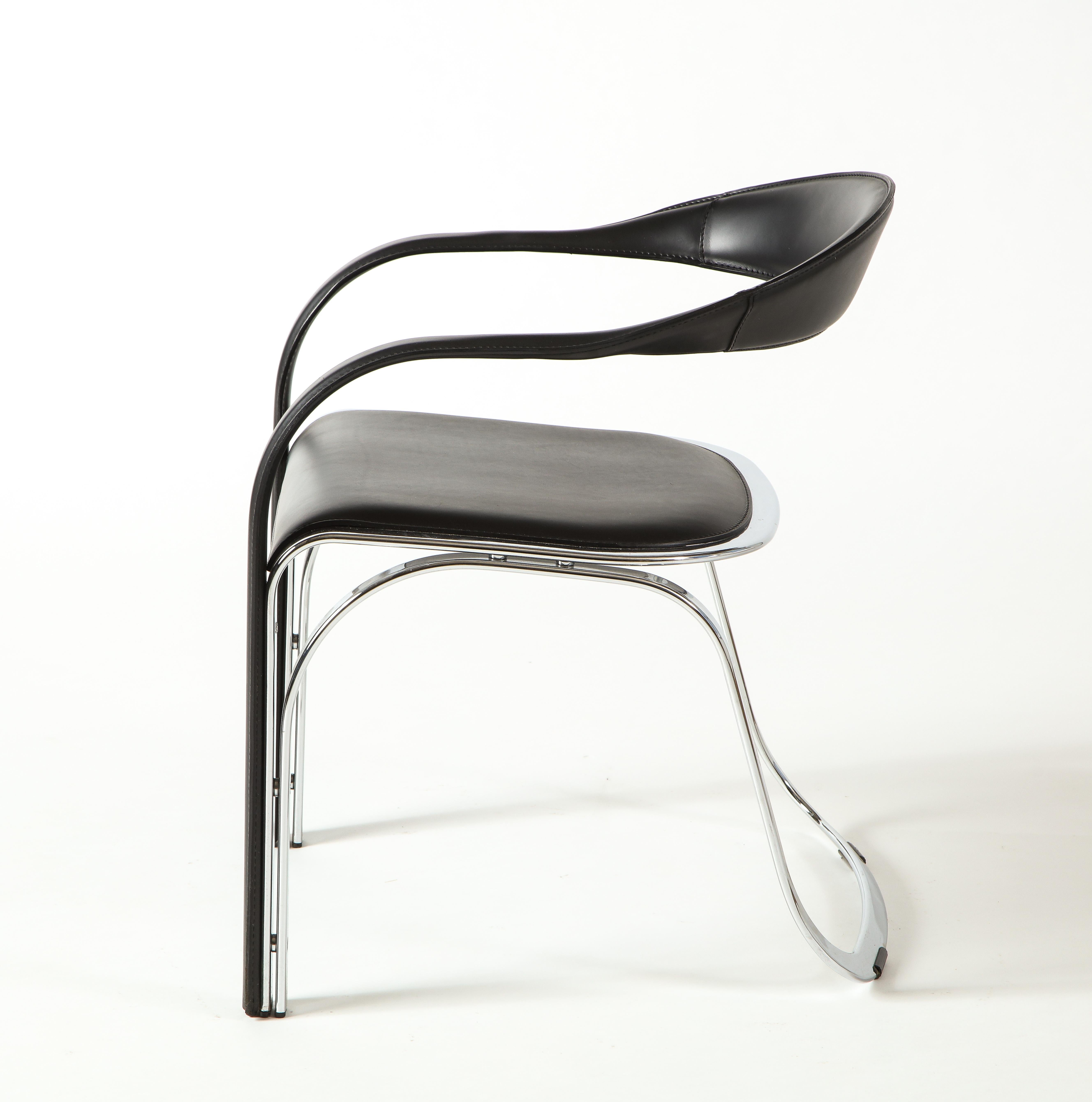 American Vladimir Kagan Fettucini Single Back Chair in Black Leather with Metal Base