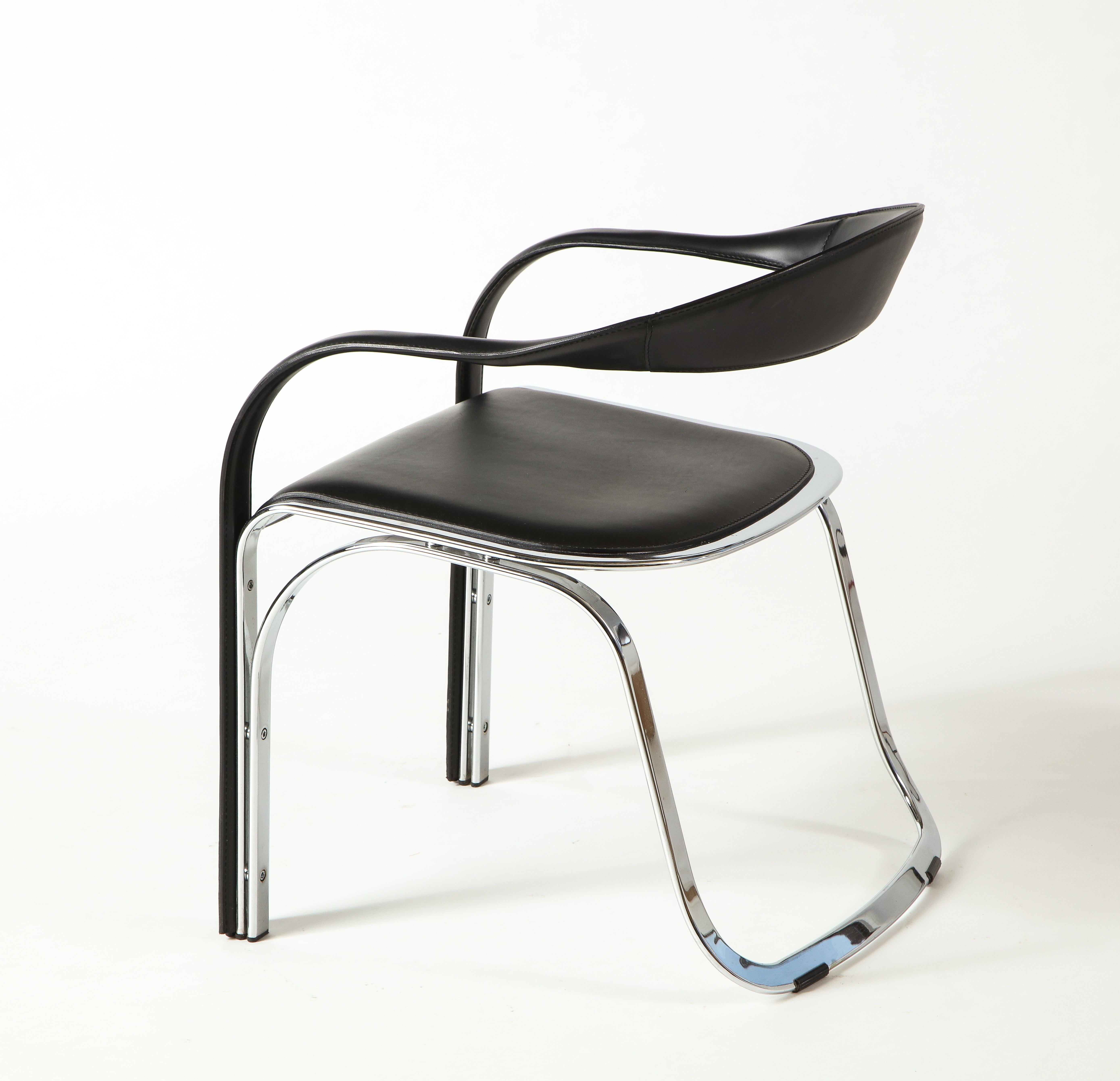 Vladimir Kagan Fettucini Single Back Chair in Black Leather with Metal Base In Good Condition In Clifton, NJ