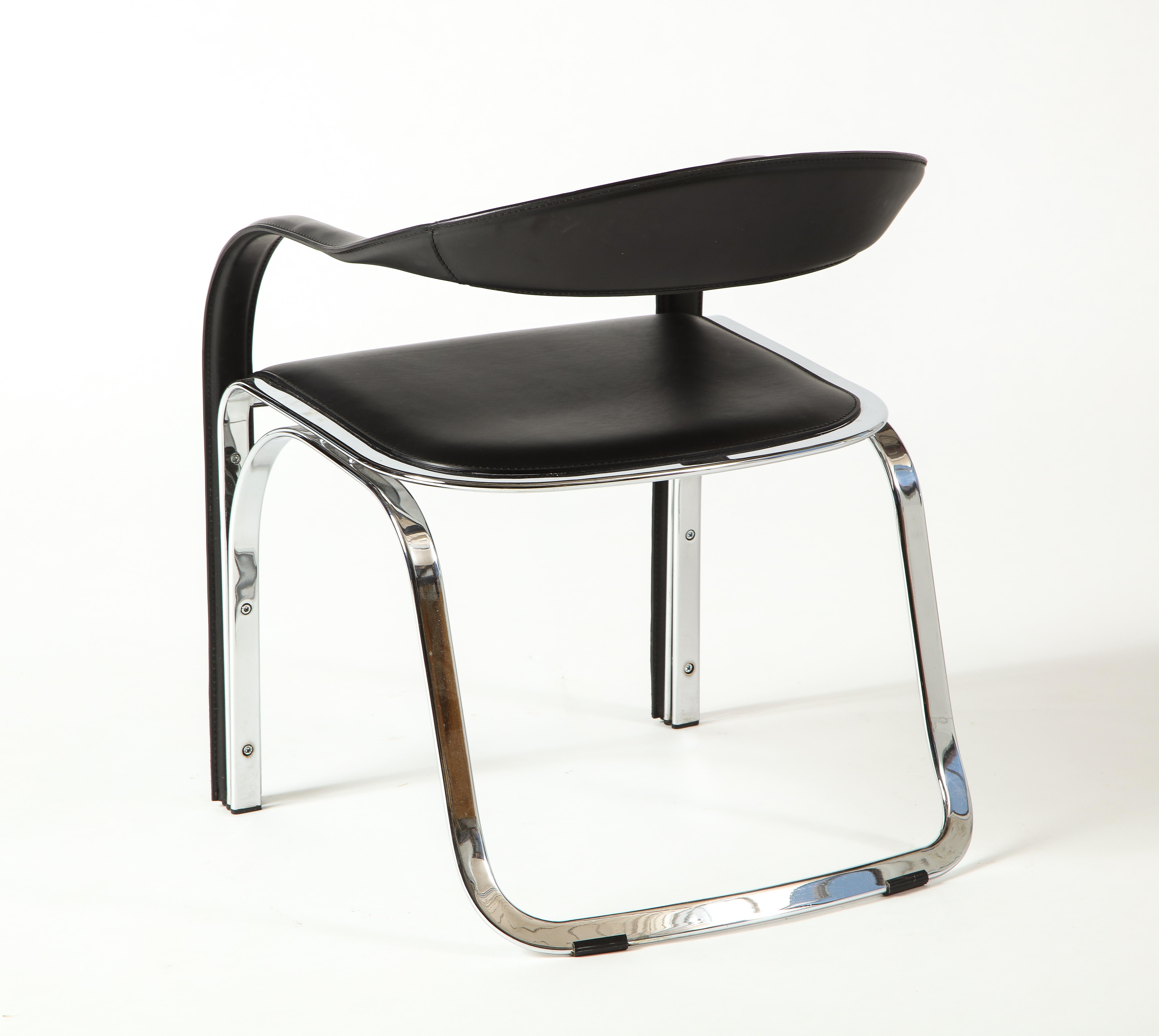 Contemporary Vladimir Kagan Fettucini Single Back Chair in Black Leather with Metal Base