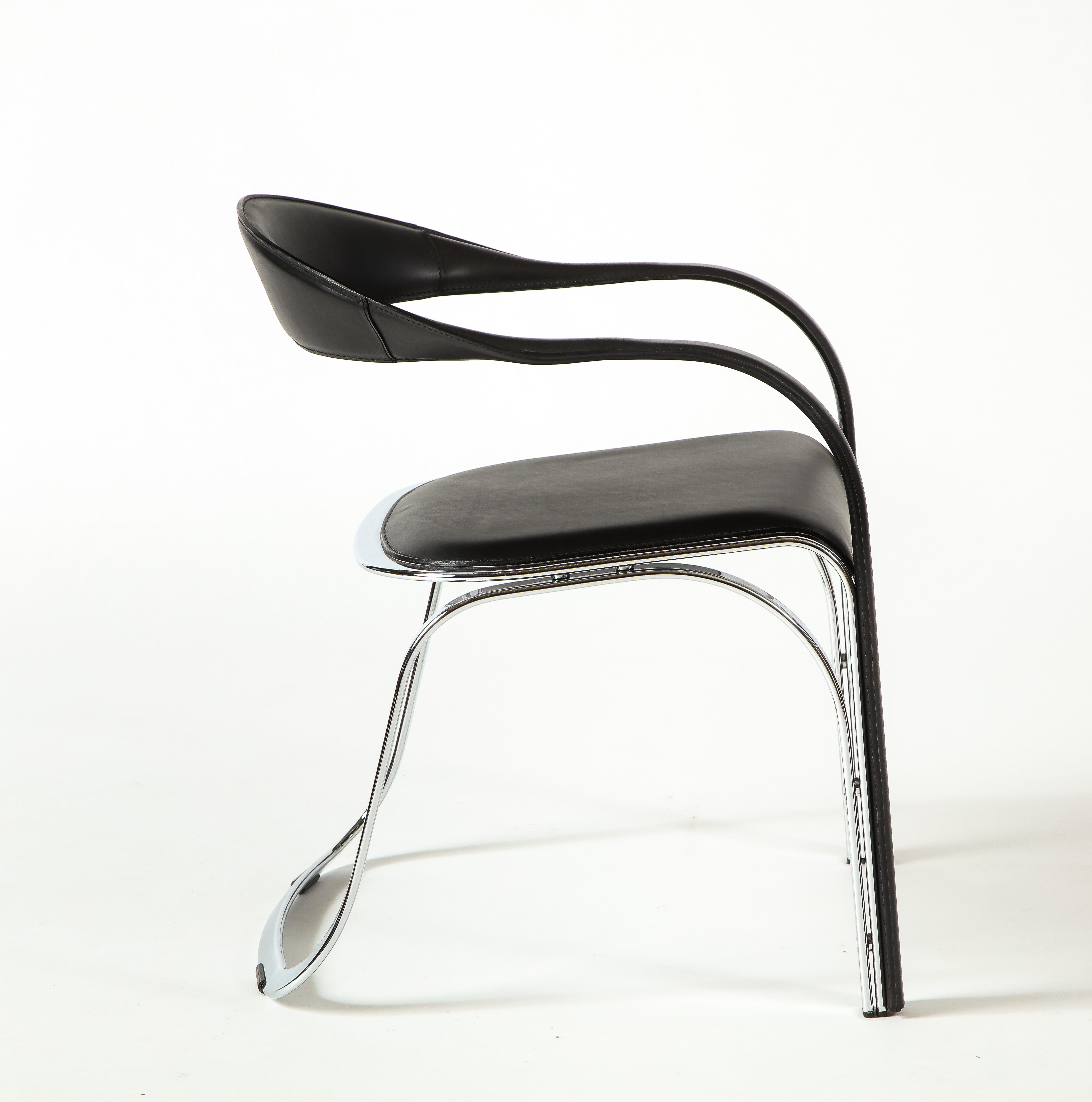 Vladimir Kagan Fettucini Single Back Chair in Black Leather with Metal Base For Sale 3