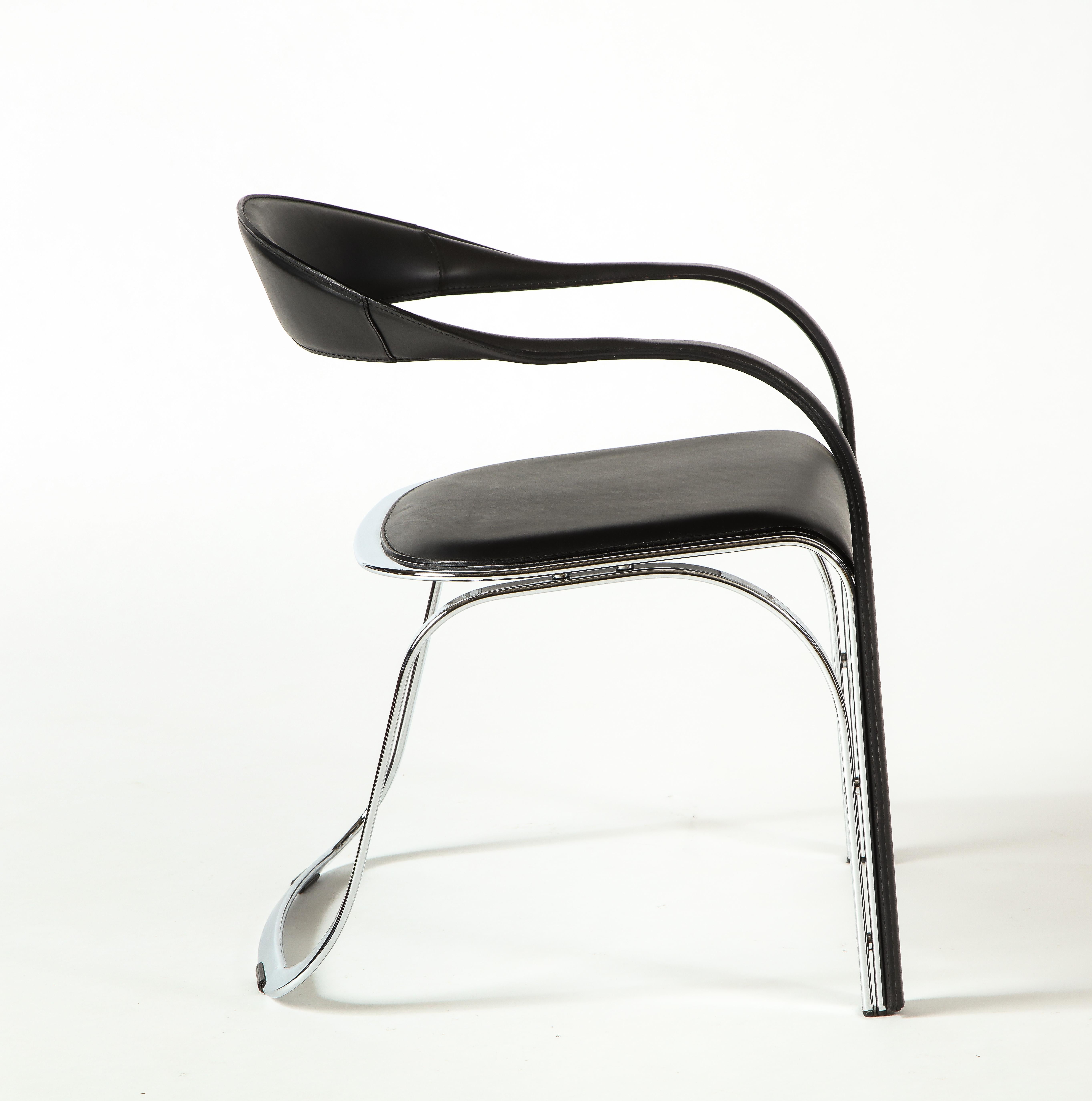 Chaise à dossier unique Vladimir Kagan Fettucini en cuir noir avec base en métal en vente 3