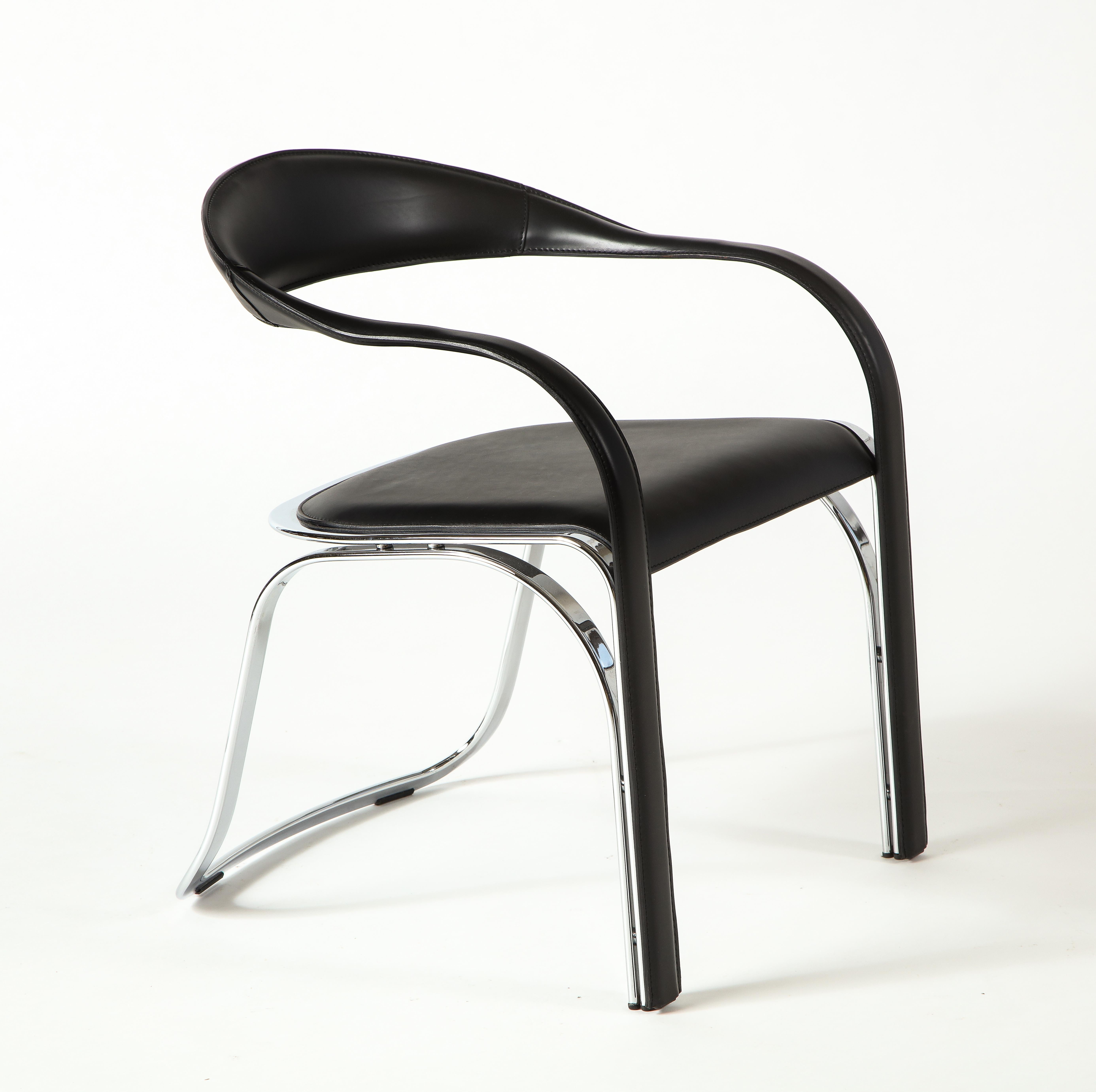 Chaise à dossier unique Vladimir Kagan Fettucini en cuir noir avec base en métal en vente 4