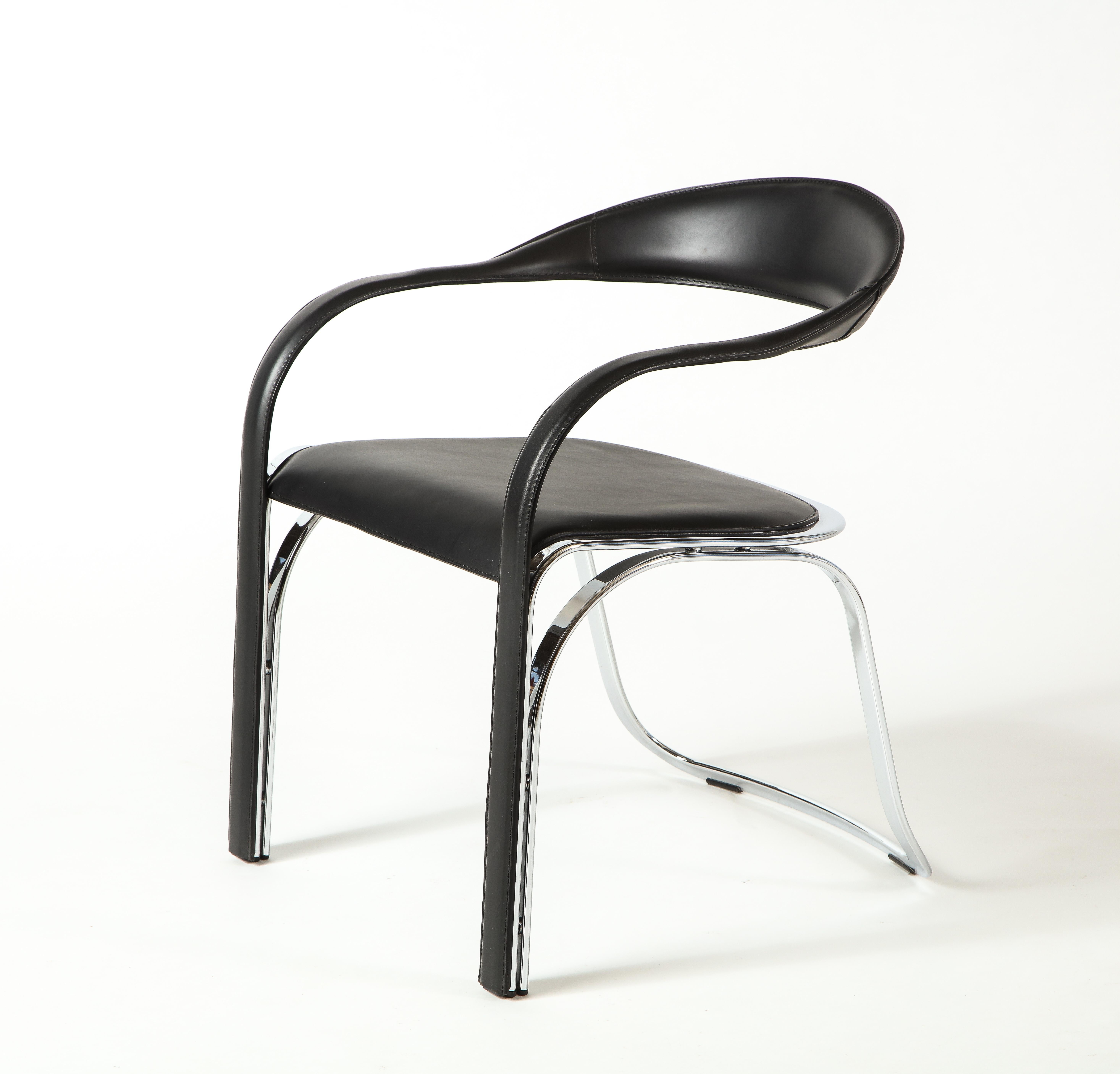 Modern Vladimir Kagan Fettucini Single Back Chair in Black Leather with Metal Base For Sale