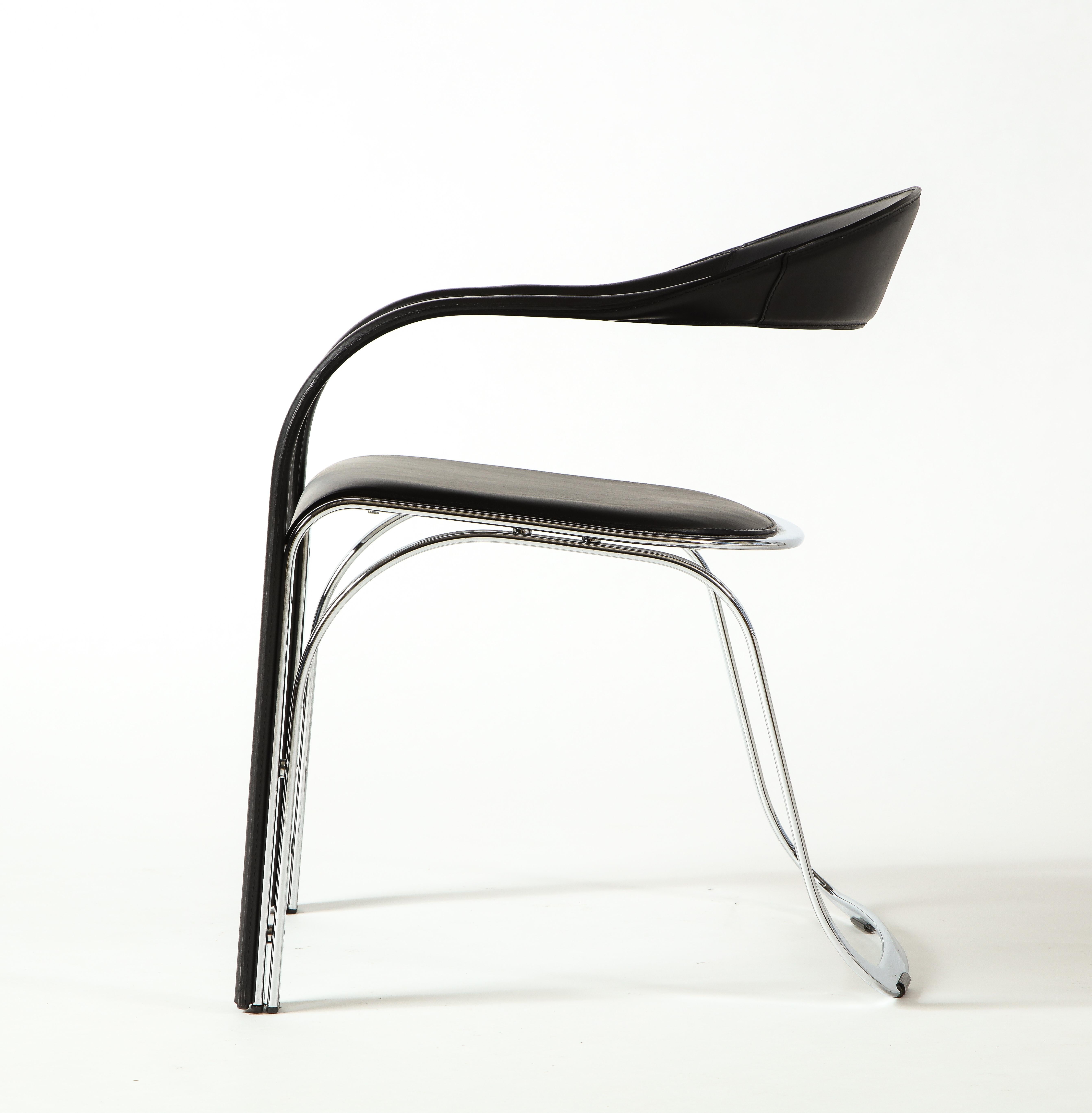 Vladimir Kagan Fettucini Single Back Chair in Black Leather with Metal Base In Good Condition For Sale In Clifton, NJ