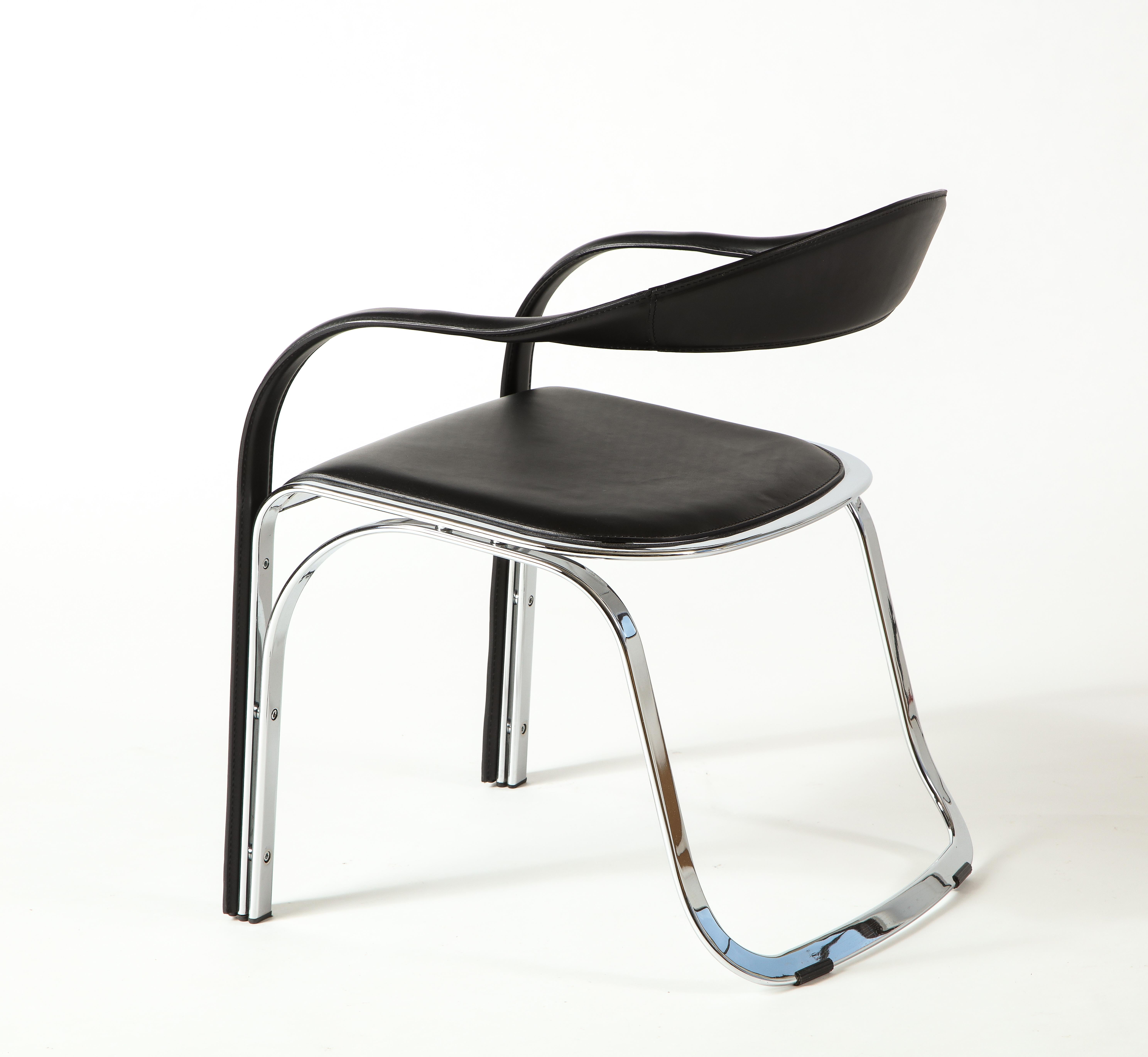 Contemporary Vladimir Kagan Fettucini Single Back Chair in Black Leather with Metal Base For Sale