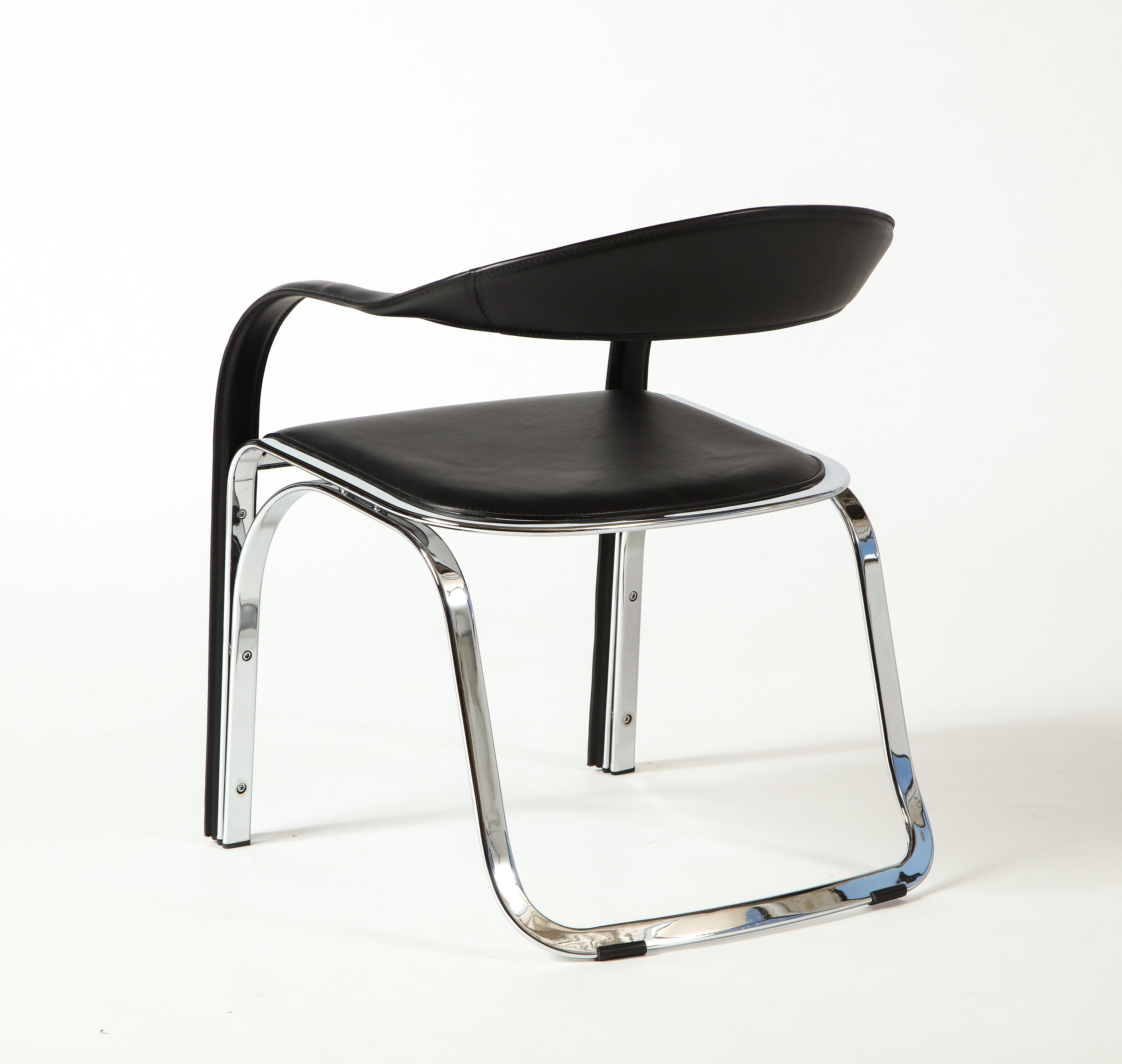 Fabric Vladimir Kagan Fettucini Single Back Chair in Black Leather with Metal Base For Sale