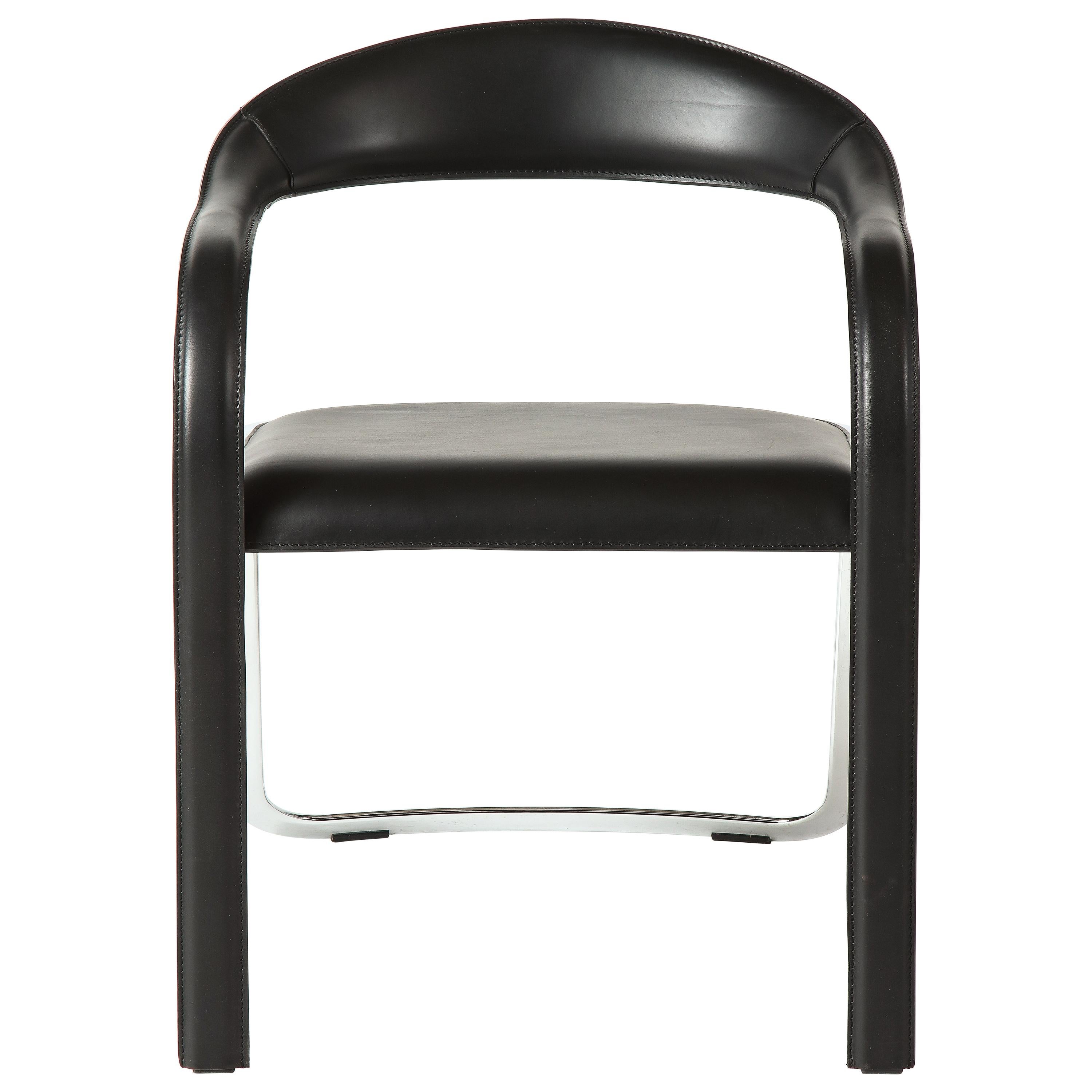 Vladimir Kagan Fettucini Single Back Chair in Black Leather with Metal Base For Sale