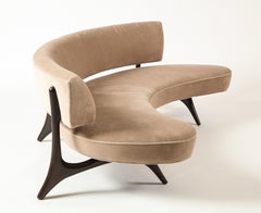 Vladimir Kagan Floating Curved Sofa with Beige Upholstery & Ebony Walnut Base