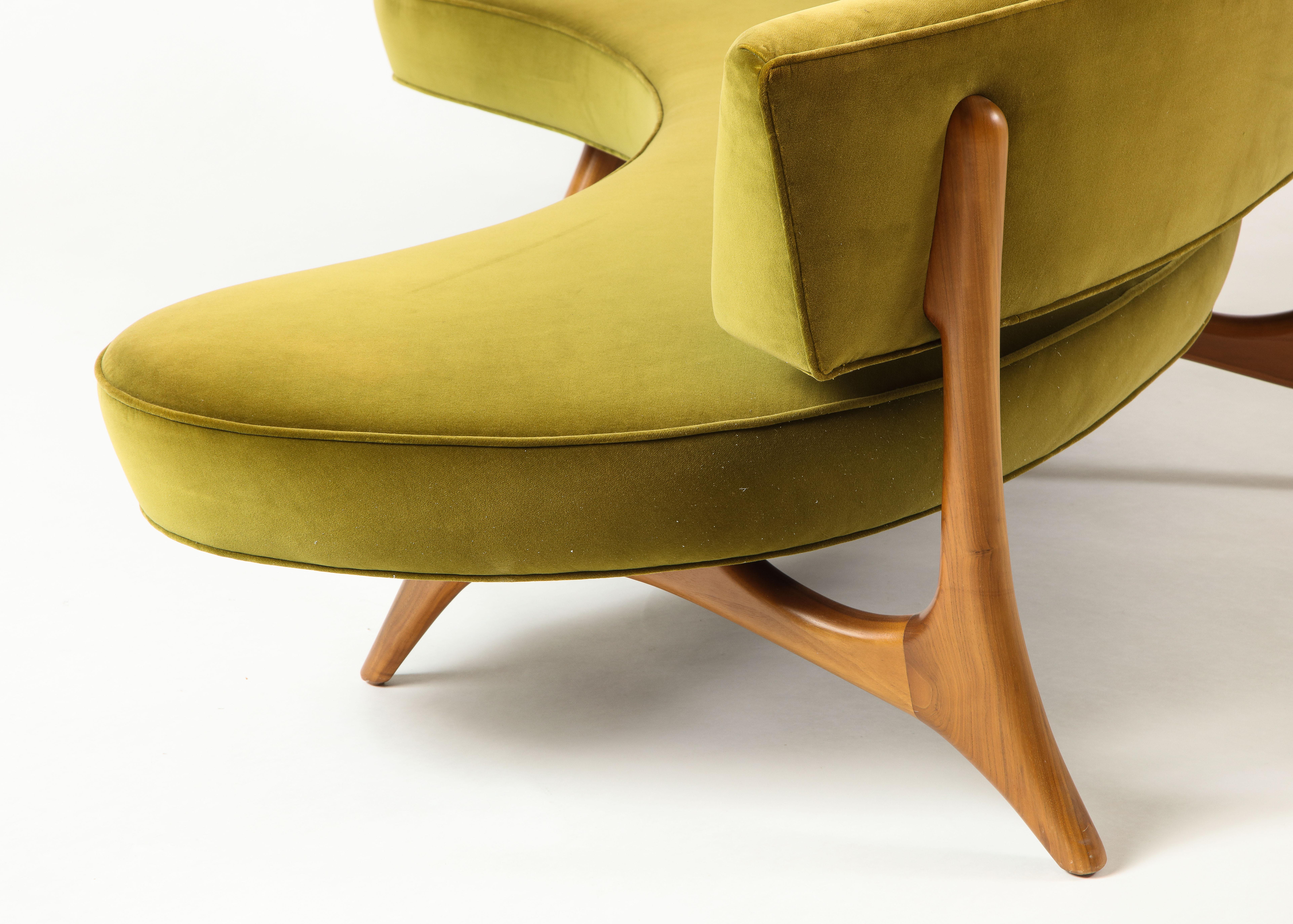 Vladimir Kagan Floating Curved Sofa with Olive Upholstery & Natural Walnut Base 4