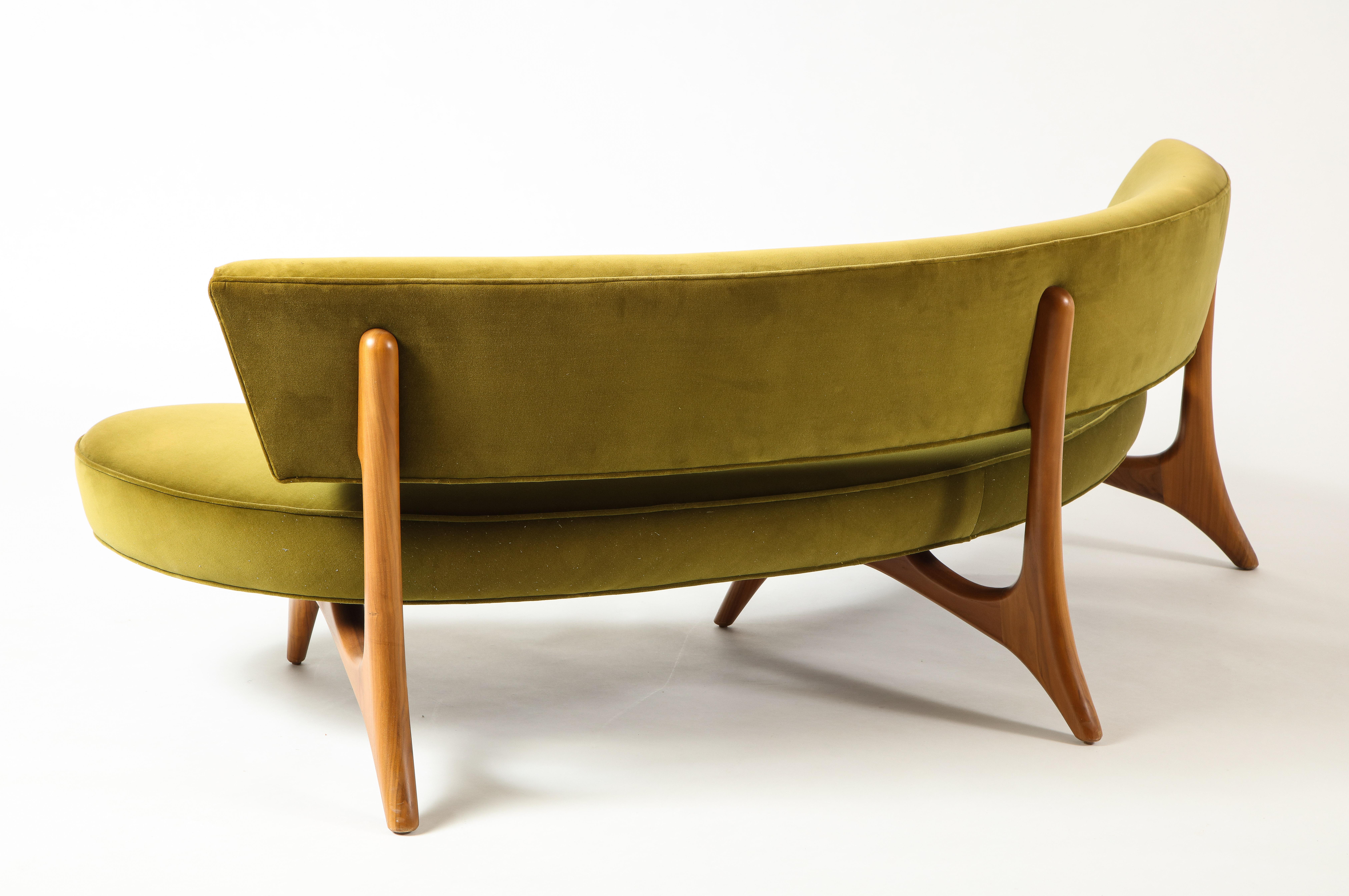 Vladimir Kagan Floating Curved Sofa with Olive Upholstery & Natural Walnut Base 5