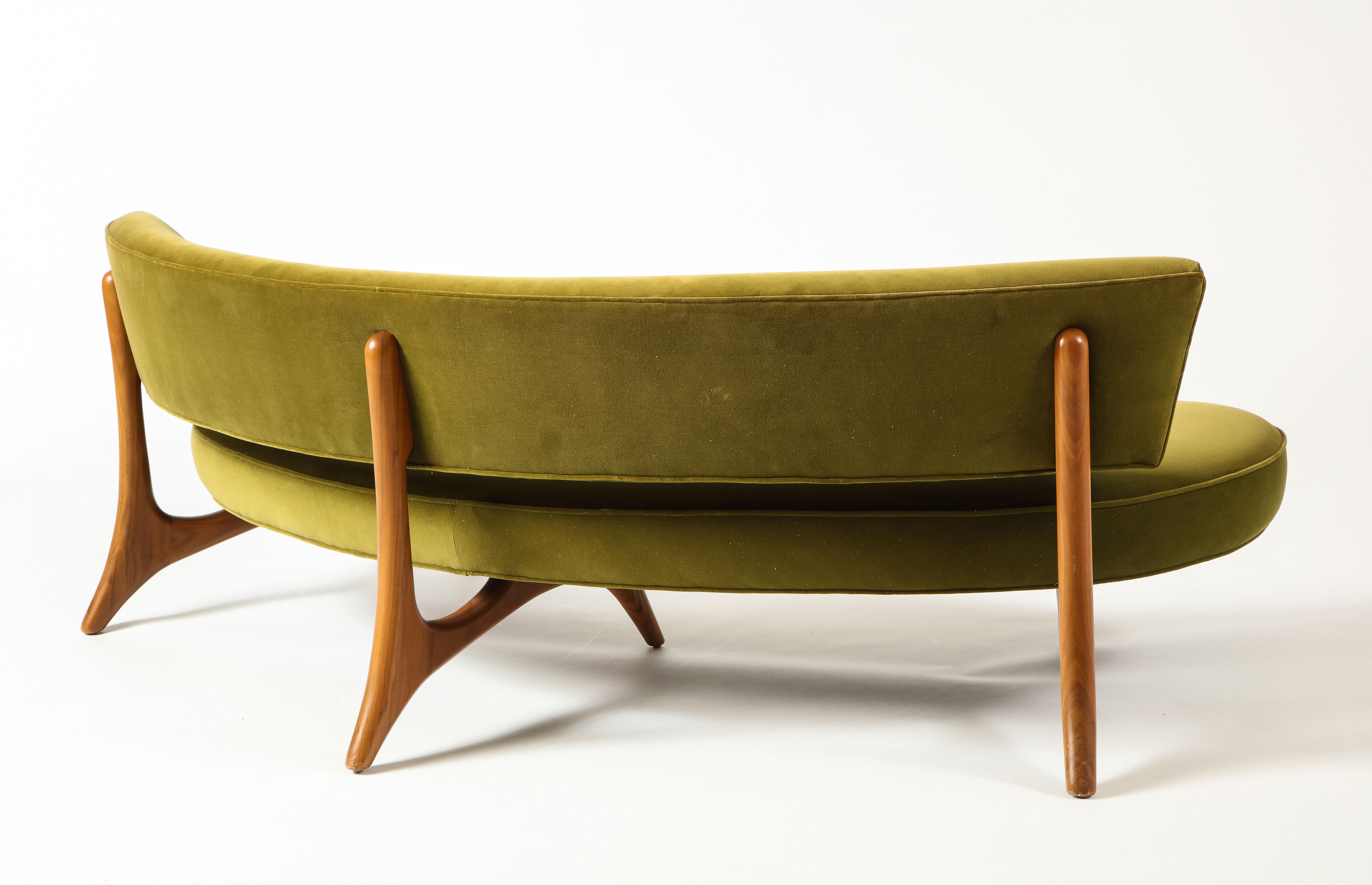 Vladimir Kagan Floating Curved Sofa with Olive Upholstery & Natural Walnut Base 7