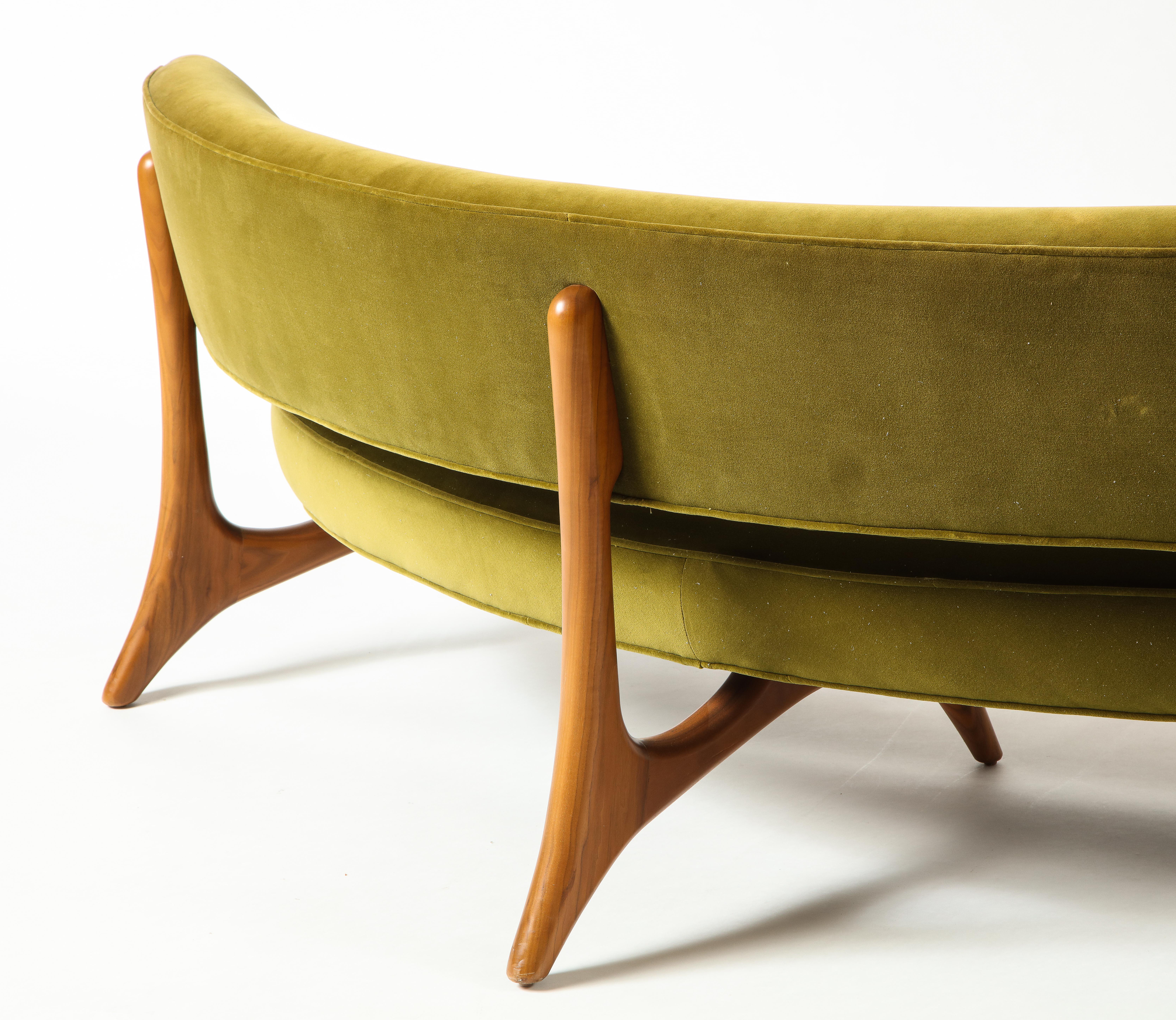 Vladimir Kagan Floating Curved Sofa with Olive Upholstery & Natural Walnut Base 8