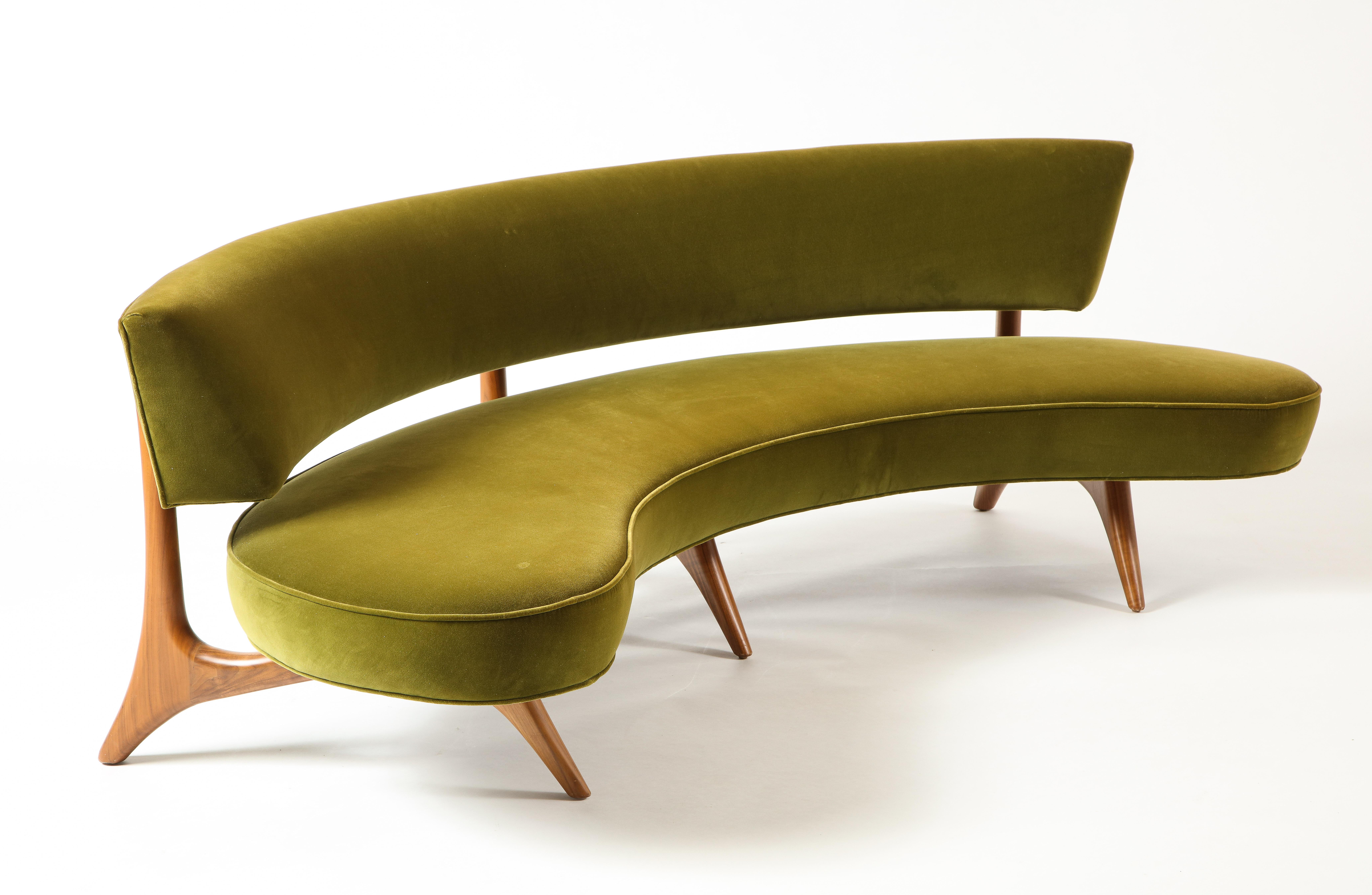 Vladimir Kagan Floating Curved Sofa with Olive Upholstery & Natural Walnut Base 9