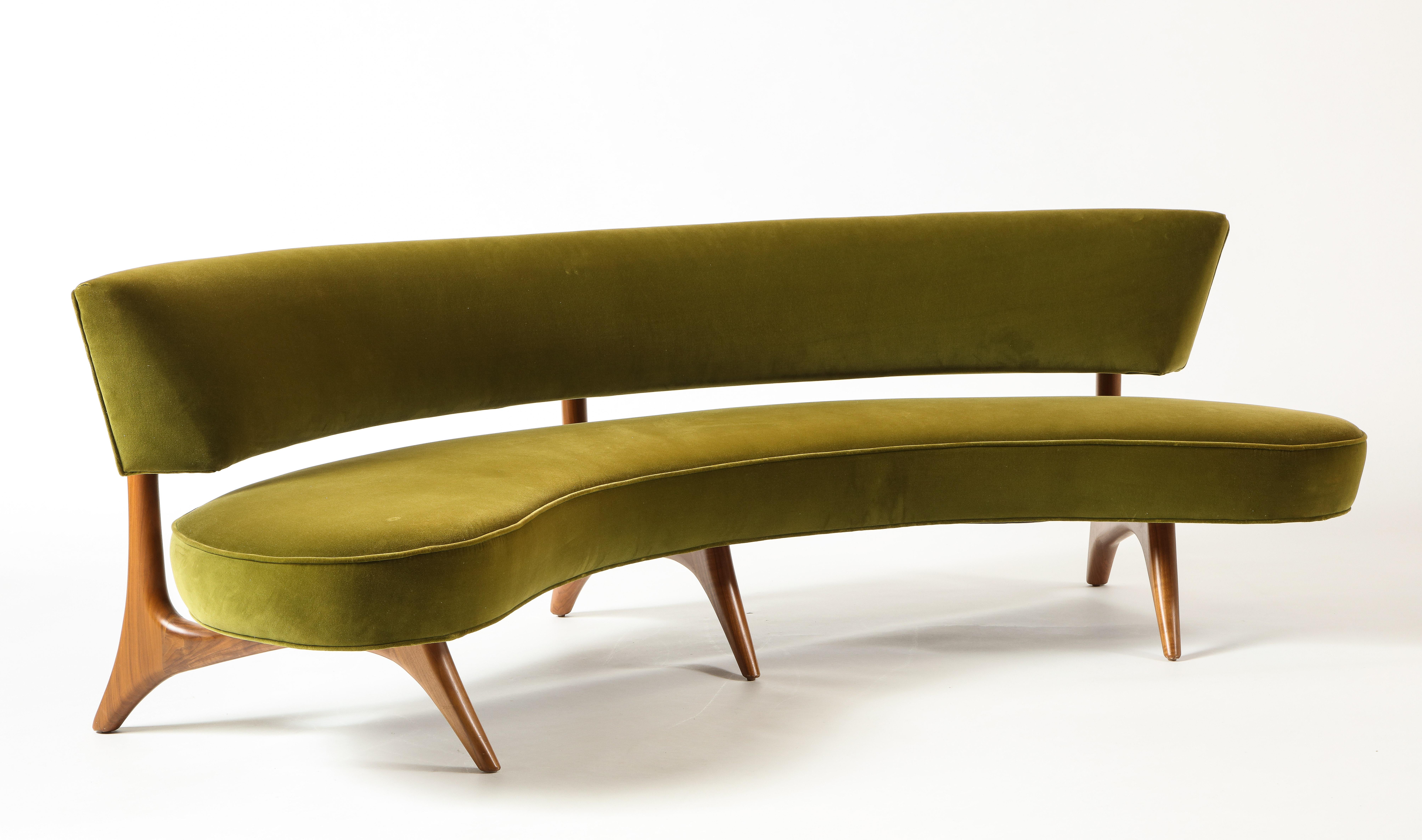 Vladimir Kagan Floating Curved Sofa with Olive Upholstery & Natural Walnut Base 10