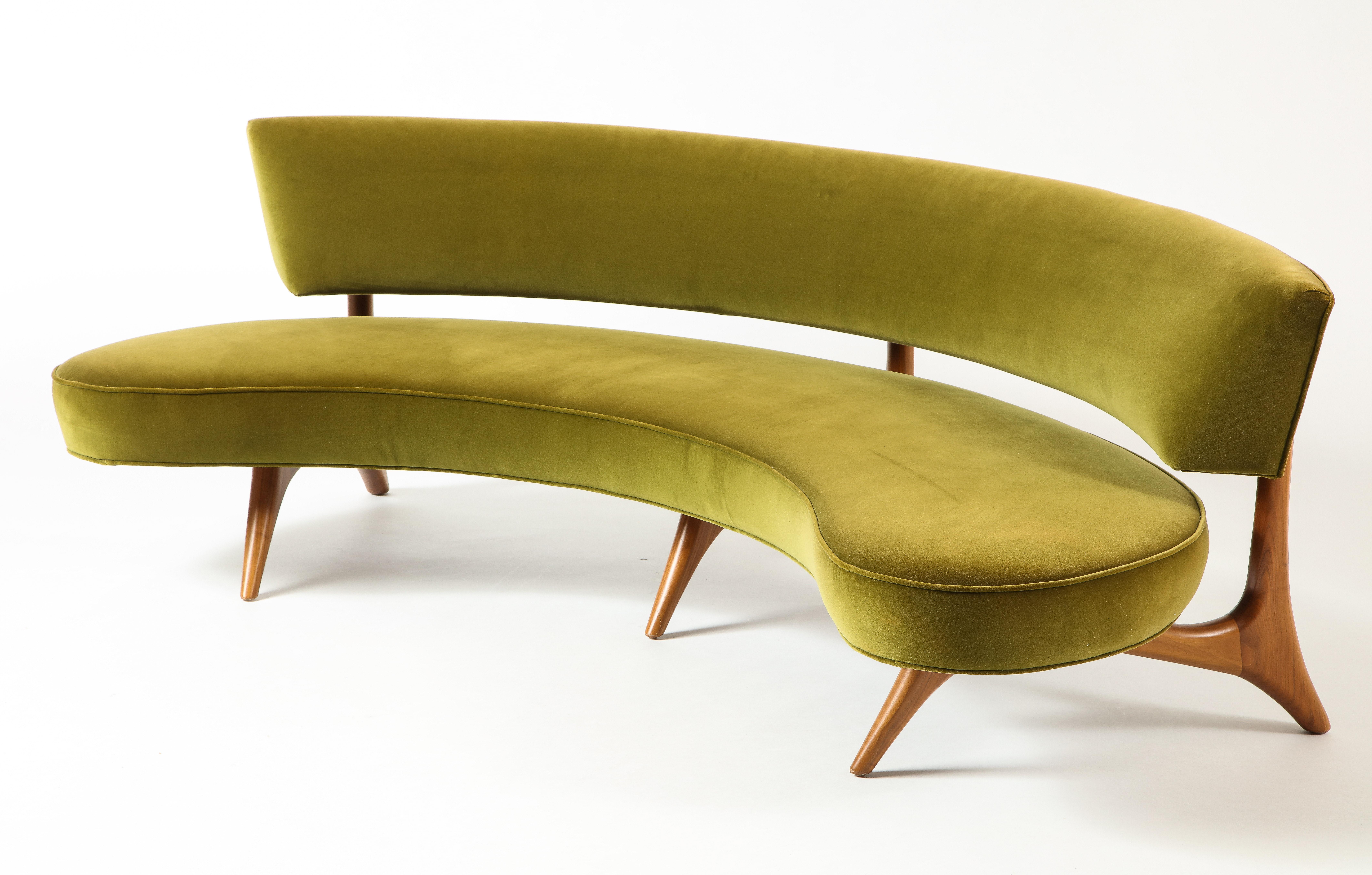 Modern Vladimir Kagan Floating Curved Sofa with Olive Upholstery & Natural Walnut Base