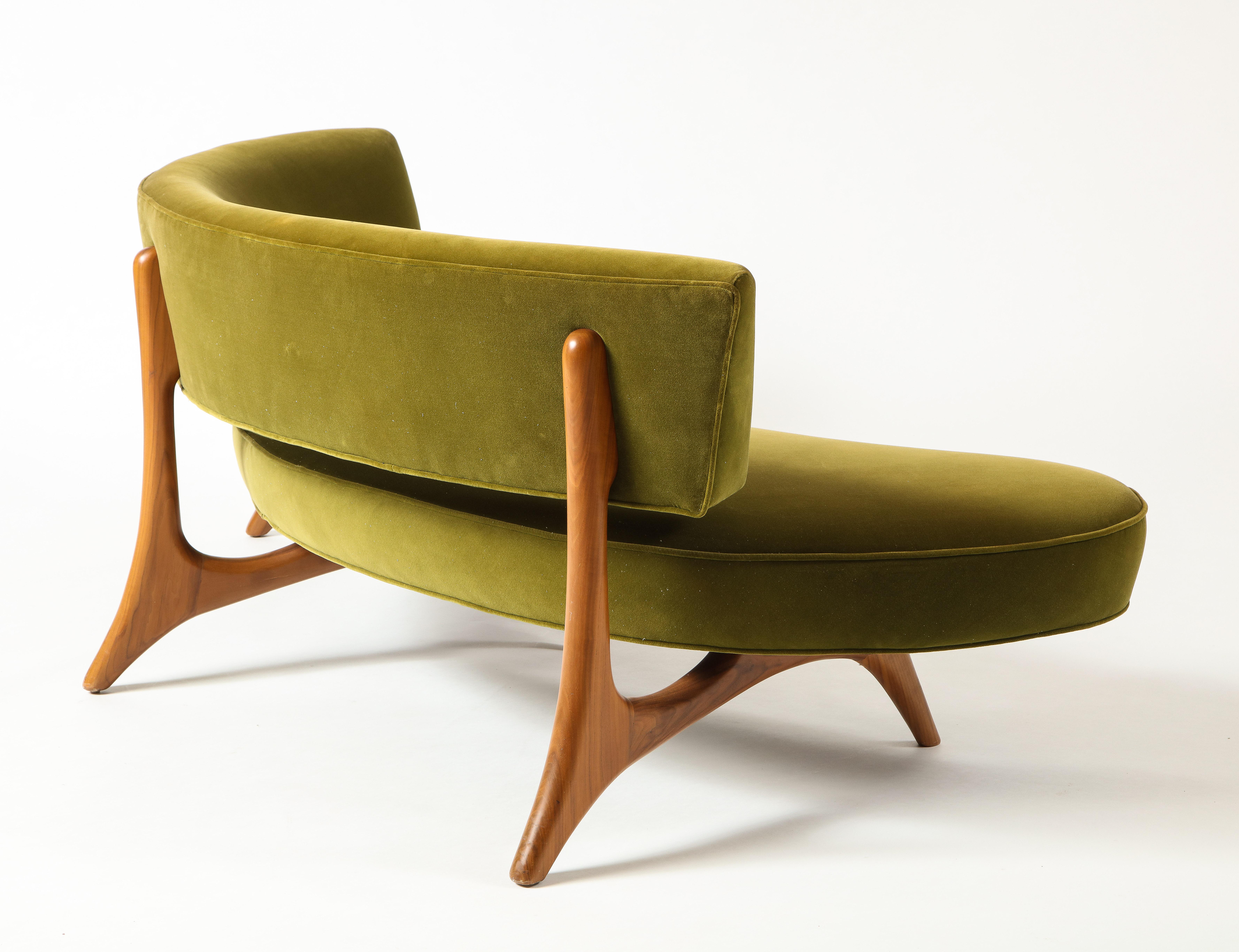 American Vladimir Kagan Floating Curved Sofa with Olive Upholstery & Natural Walnut Base
