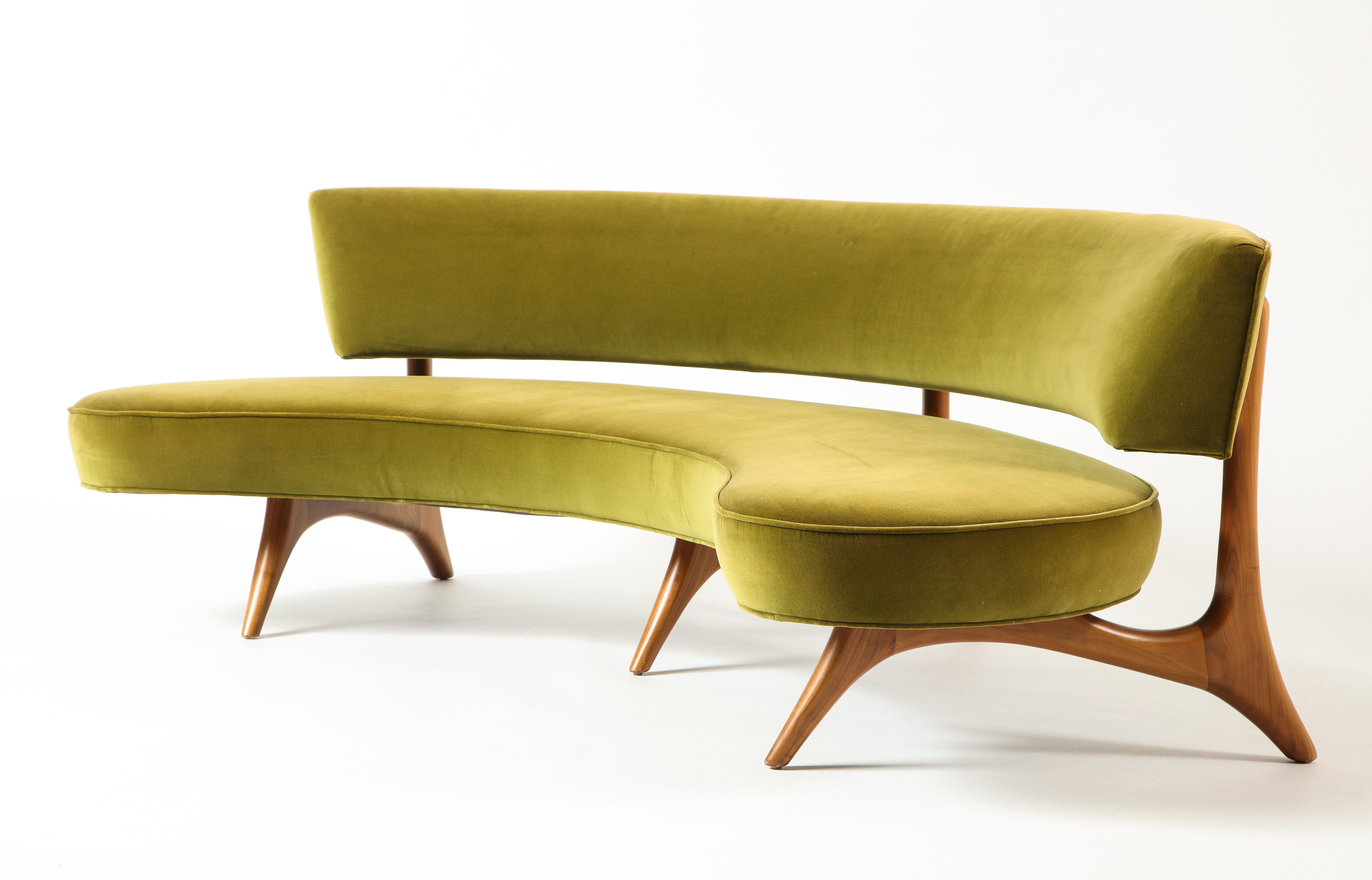 Contemporary Vladimir Kagan Floating Curved Sofa with Olive Upholstery & Natural Walnut Base