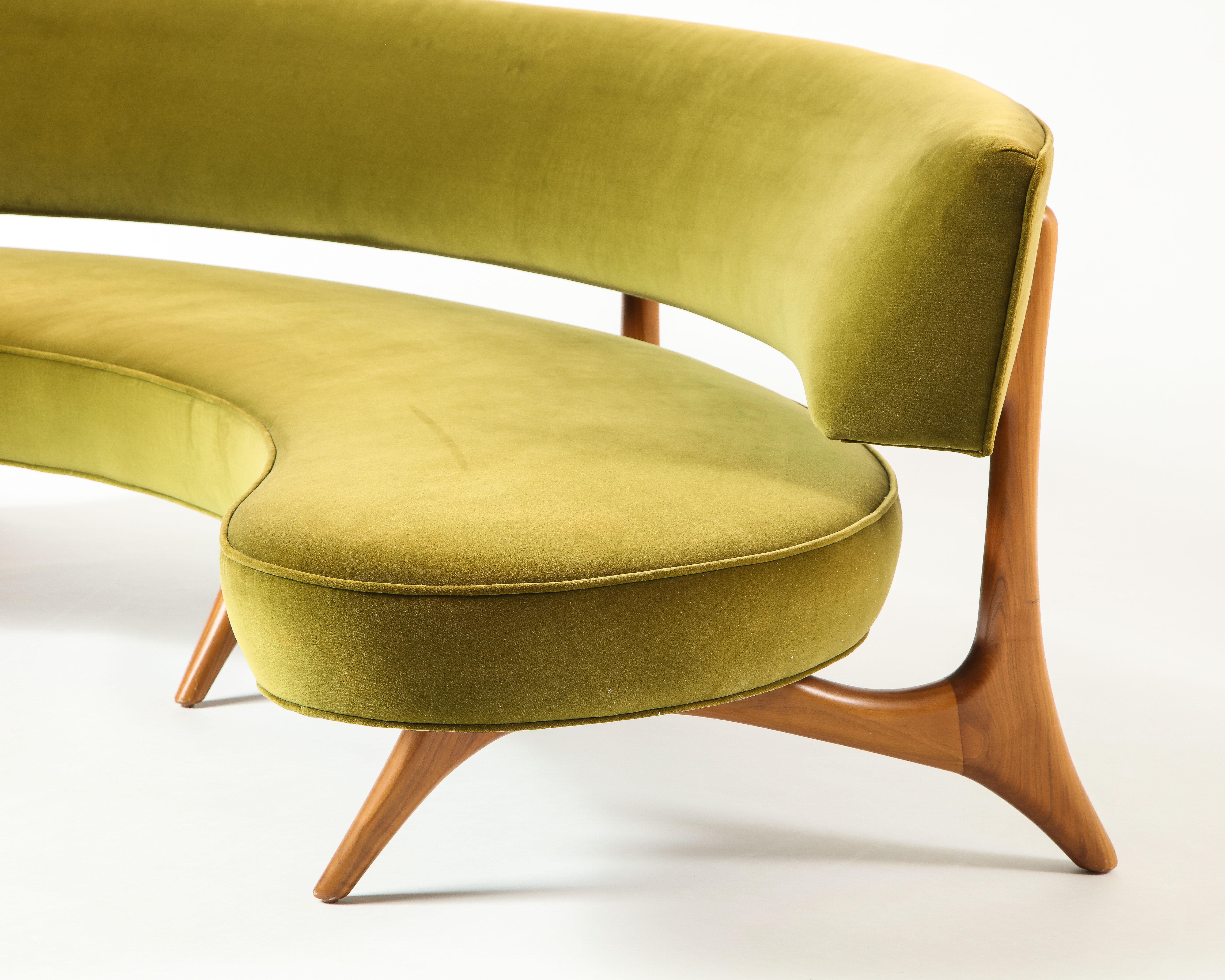 Vladimir Kagan Floating Curved Sofa with Olive Upholstery & Natural Walnut Base 1