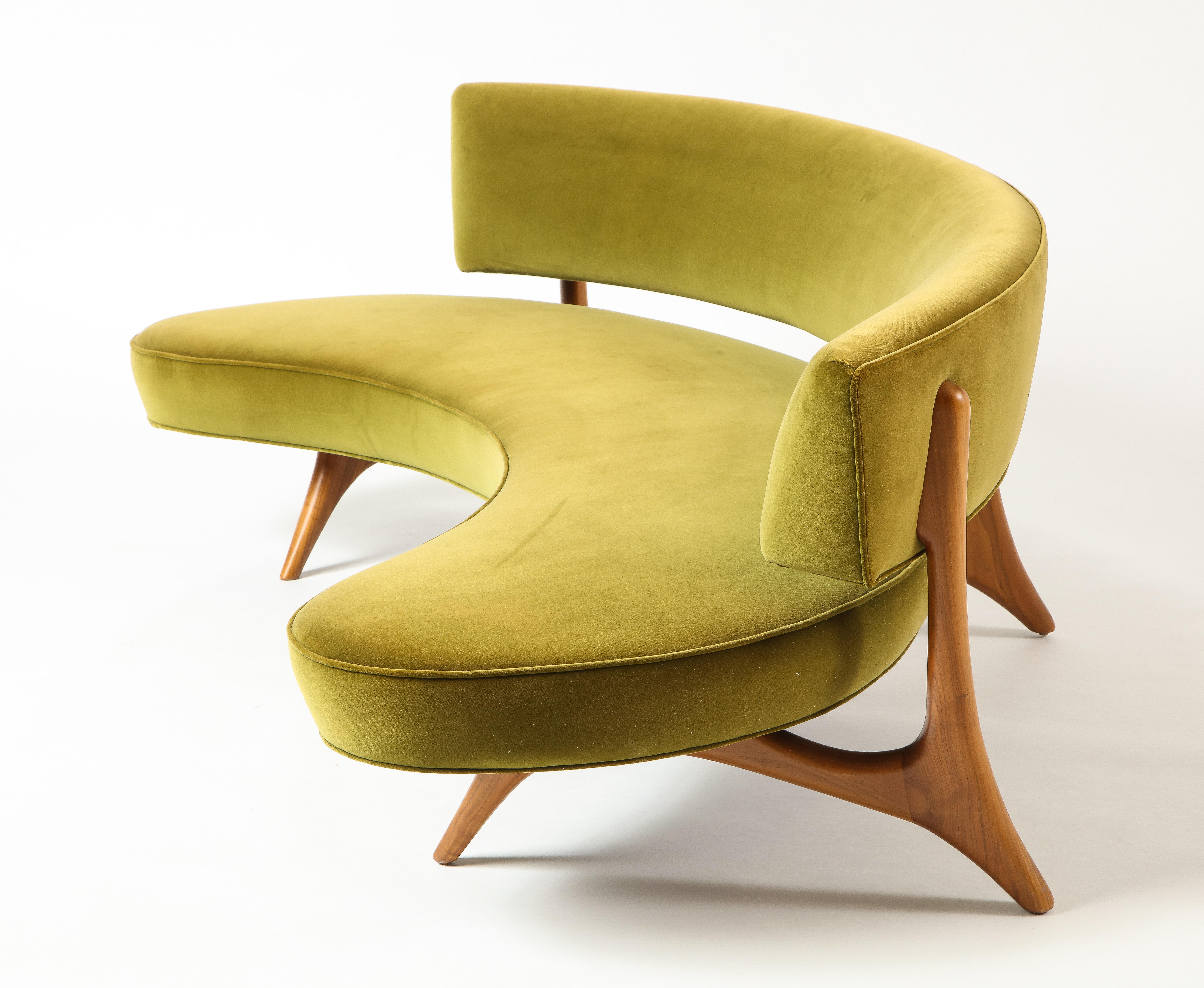 Vladimir Kagan Floating Curved Sofa with Olive Upholstery & Natural Walnut Base 2