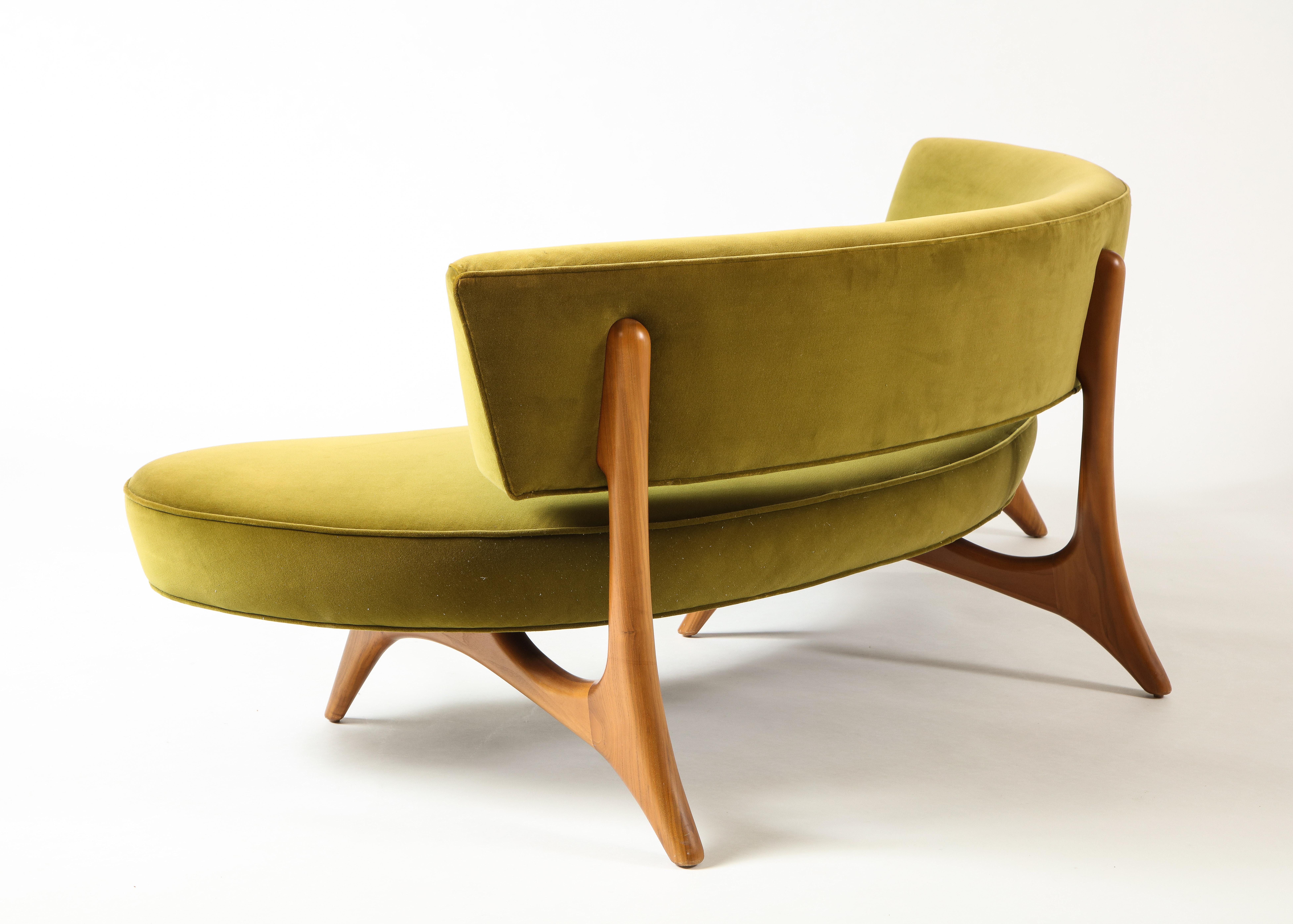 Vladimir Kagan Floating Curved Sofa with Olive Upholstery & Natural Walnut Base 3