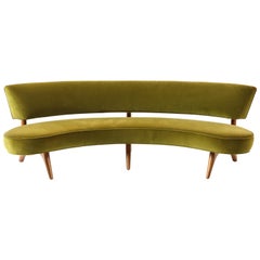 Vladimir Kagan Floating Curved Sofa with Olive Upholstery & Natural Walnut Base