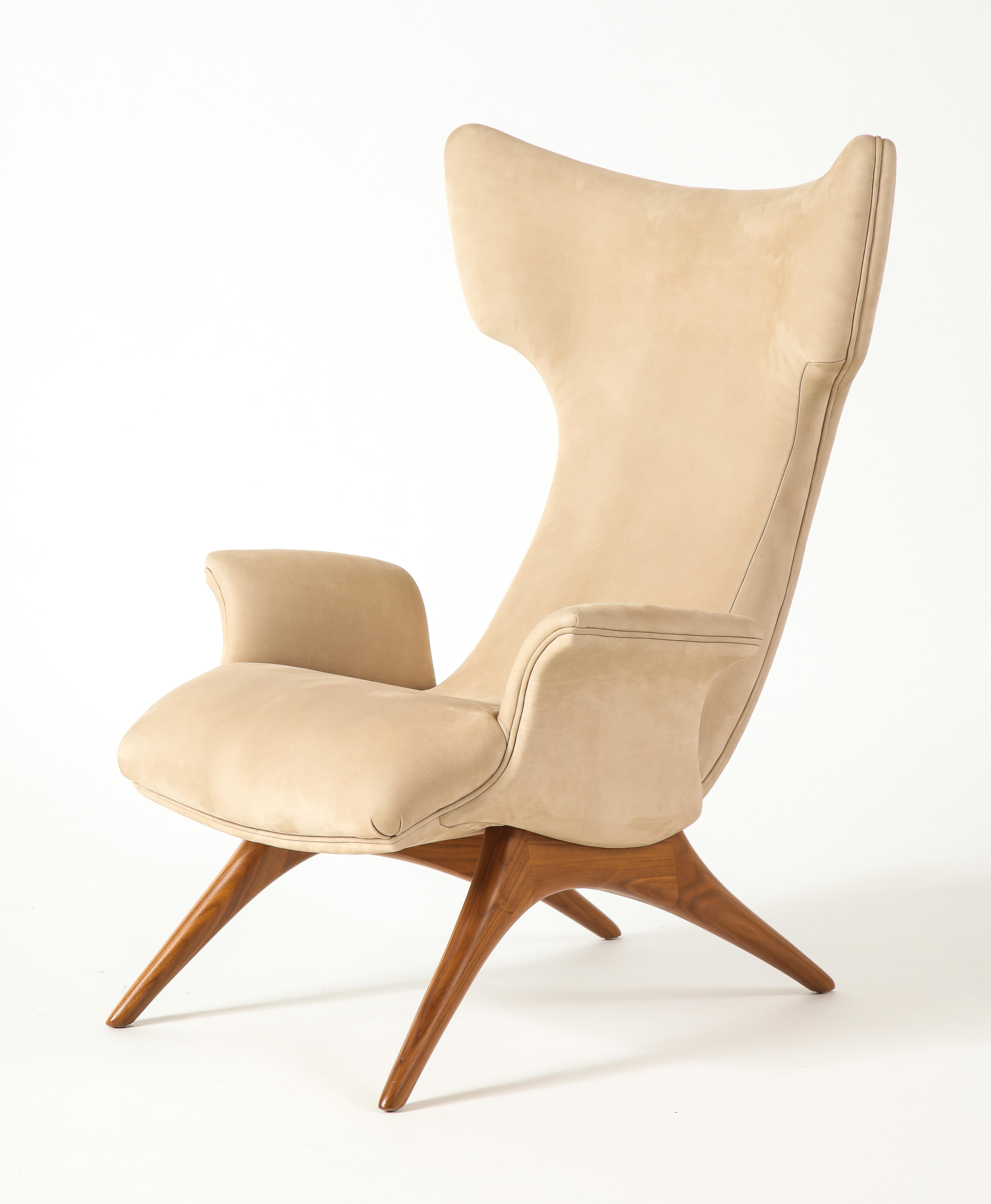 Modern Vladimir Kagan Ondine Chair with Sueded Leather Upholstery & Natural Walnut Base