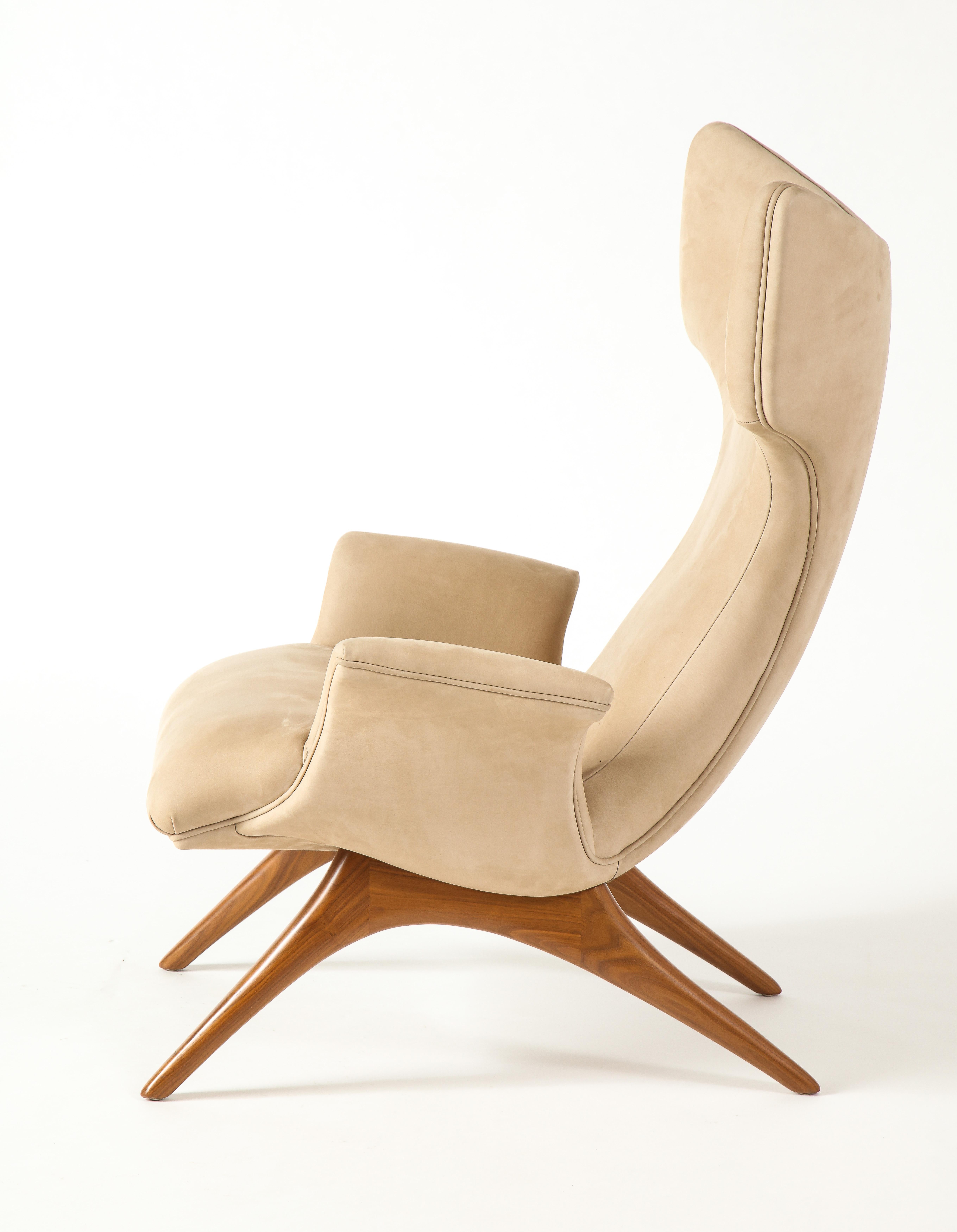 Vladimir Kagan Ondine Chair with Sueded Leather Upholstery & Natural Walnut Base In Good Condition In Clifton, NJ