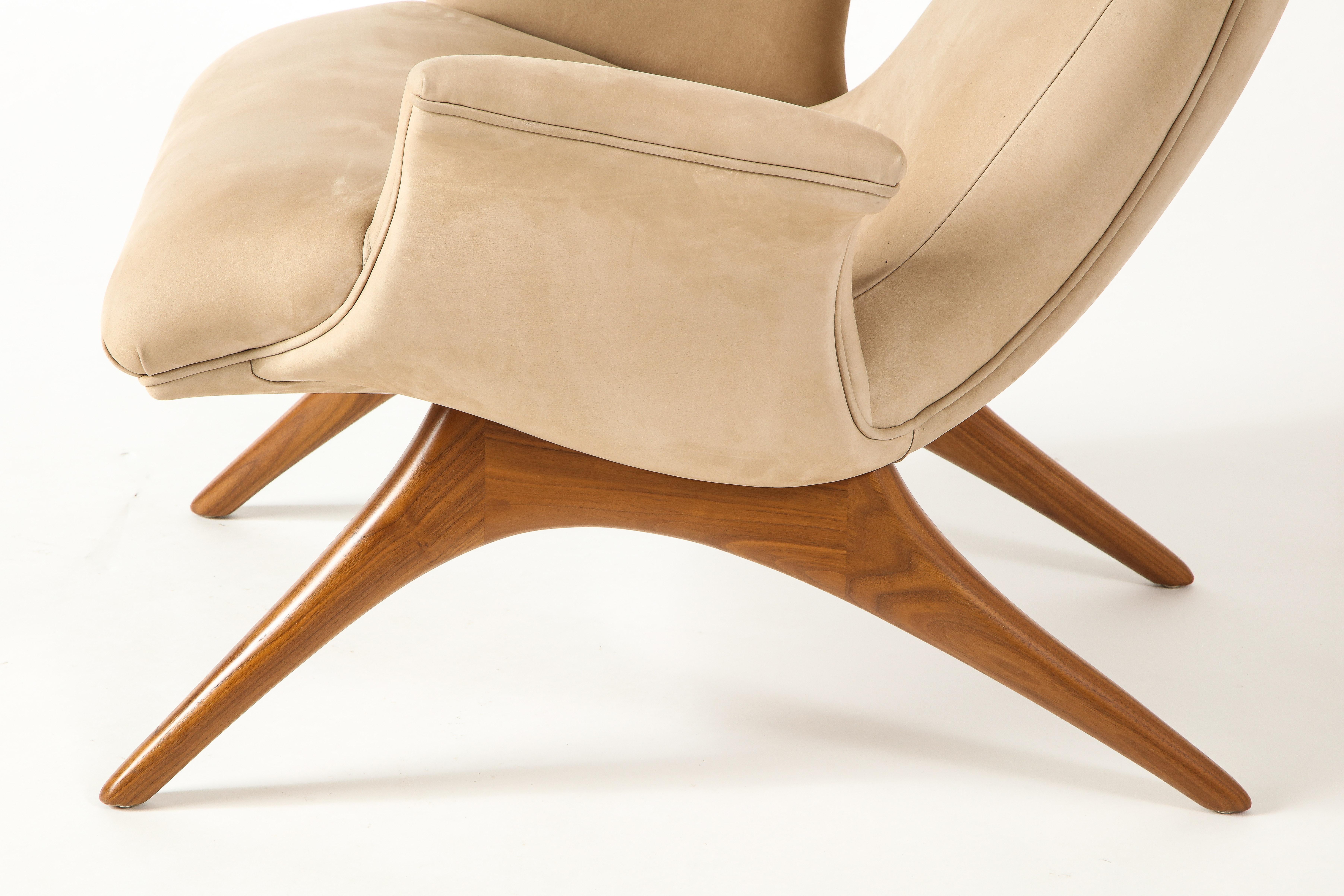 Contemporary Vladimir Kagan Ondine Chair with Sueded Leather Upholstery & Natural Walnut Base