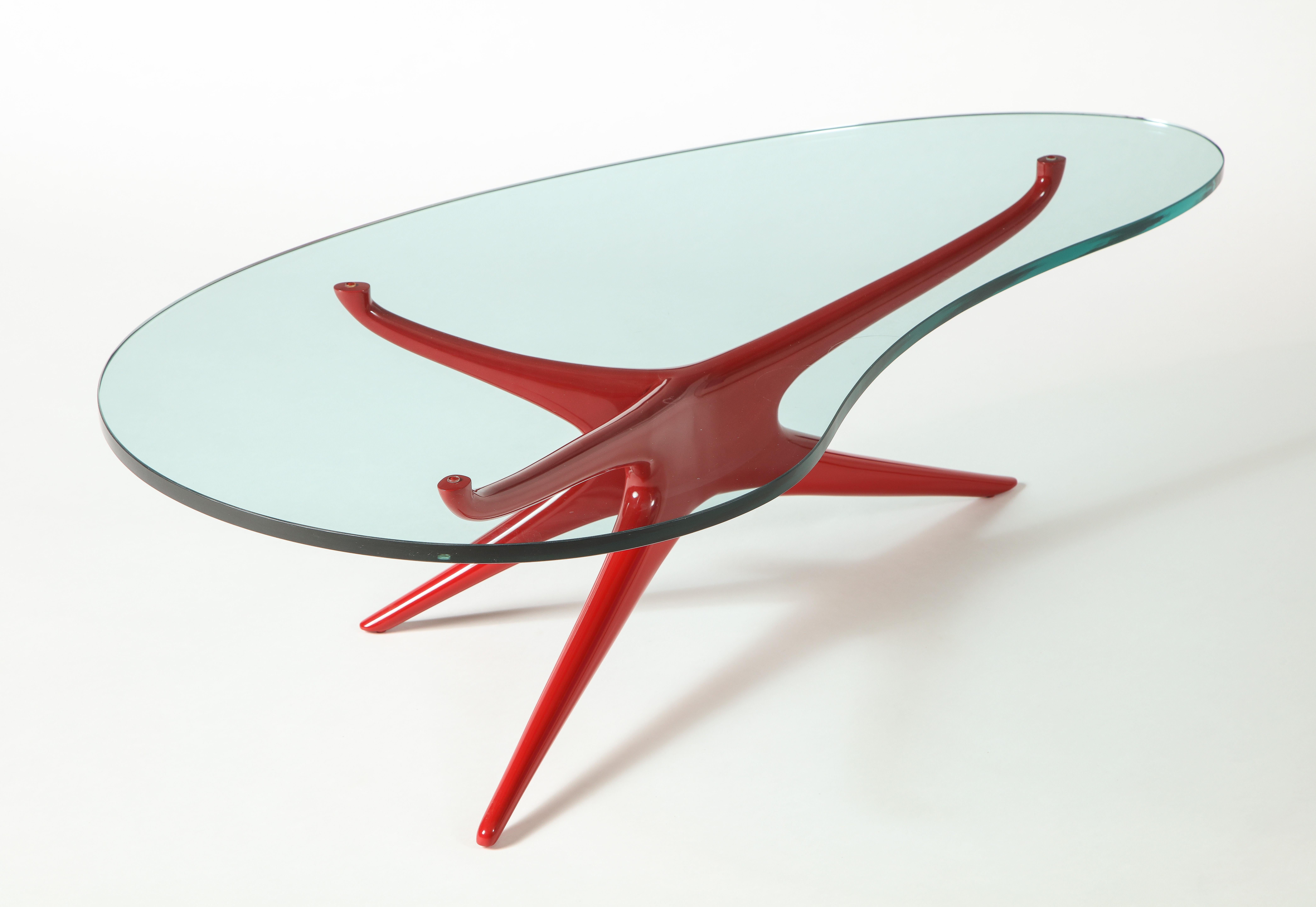 Vladimir Kagan 412 Sculpted Coffee Table with Clear Glass Top & Red Lacquer Base 2